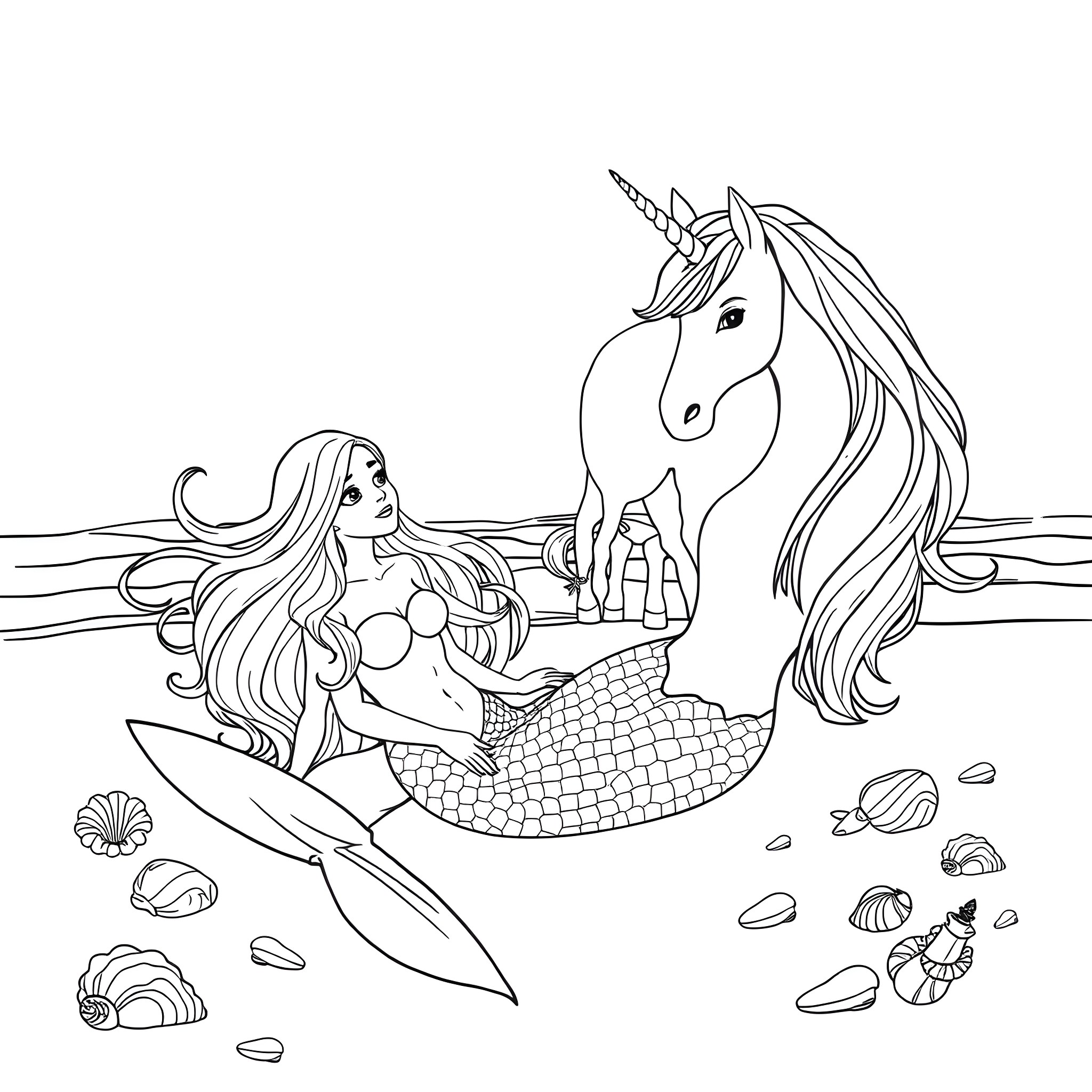Mermaid riding on a unicorn in the ocean Coloring Page (free black-and-white line drawing printable PDF for all, from beginners to advanced learners, including children, teens, adults, and seniors)