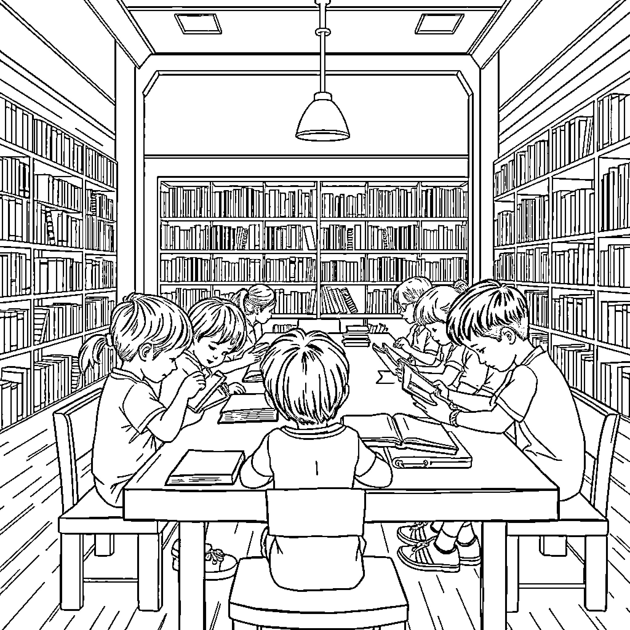Child studying diligently in the library Coloring Page (free black-and-white line drawing printable PDF for all, from beginners to advanced learners, including children, teens, adults, and seniors)