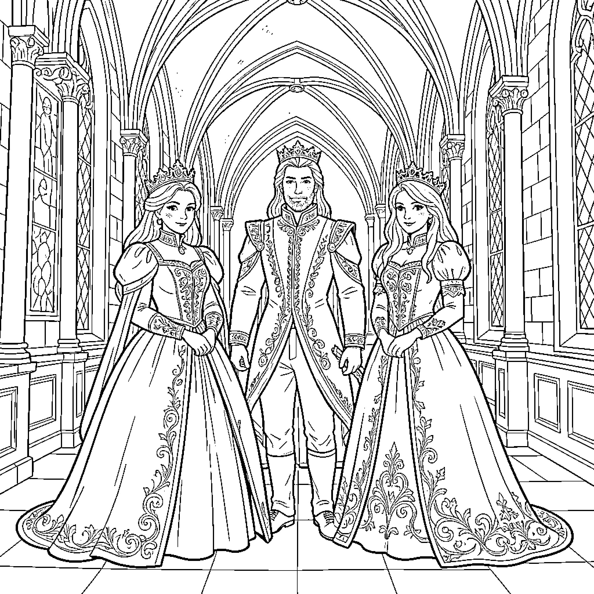 Prince standing regally with two princesses in a castle Coloring Page (free black-and-white line drawing printable PDF for all, from beginners to advanced learners, including children, teens, adults, and seniors)