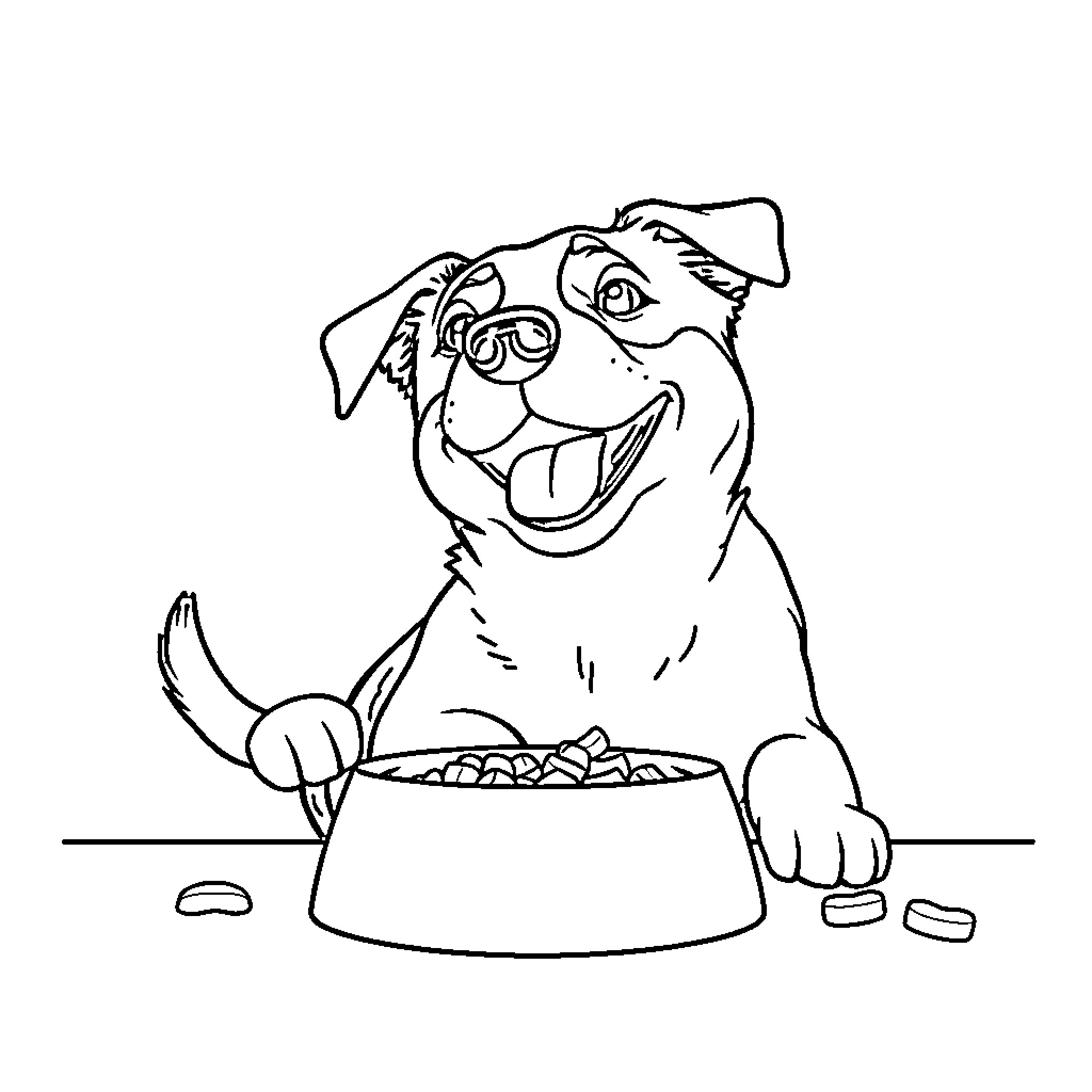 Dog enjoying a hearty meal Coloring Page (free black-and-white line drawing printable PDF for all, from beginners to advanced learners, including children, teens, adults, and seniors)
