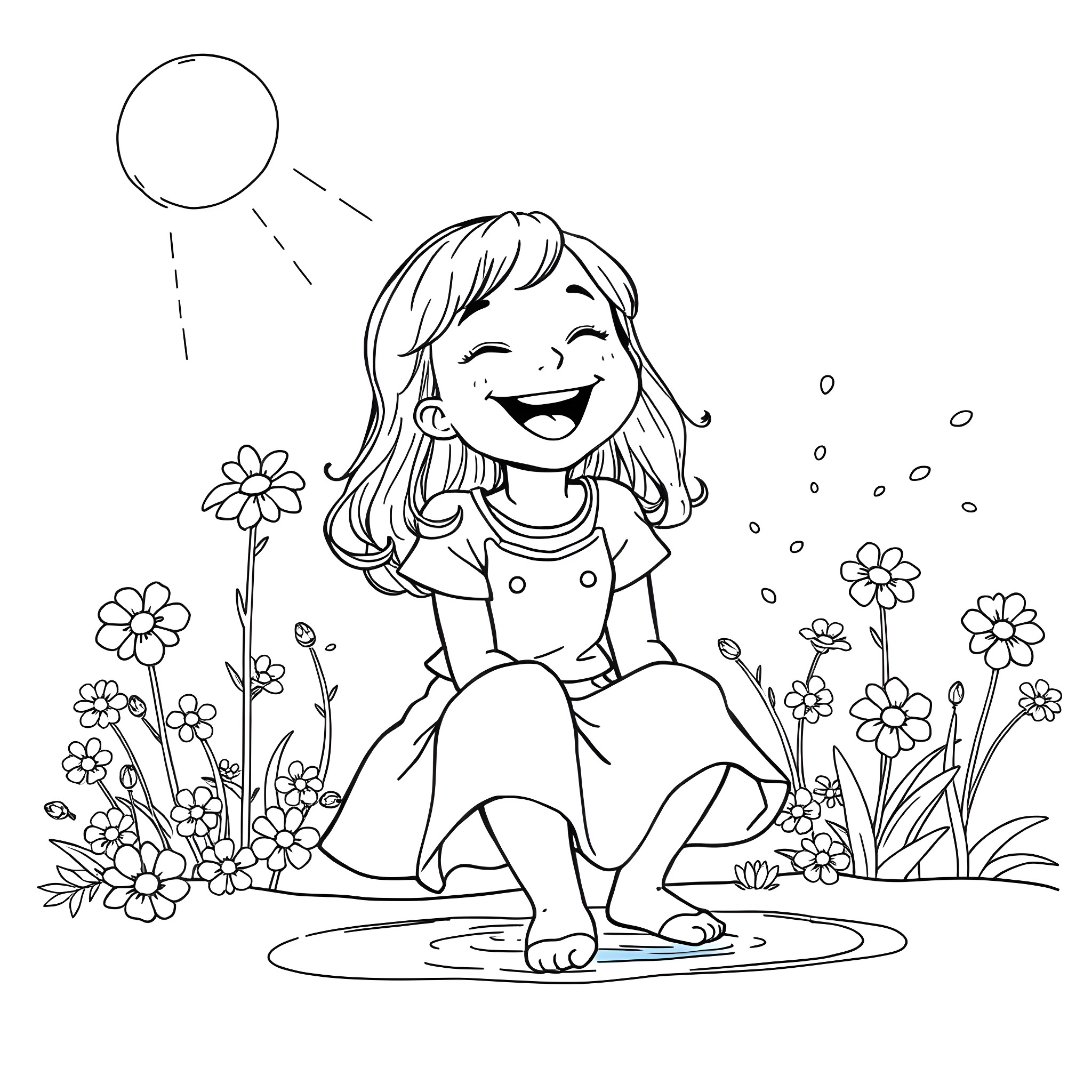 Girl enjoying the outdoors with flowers and sunshine Coloring Page (free black-and-white line drawing printable PDF for all, from beginners to advanced learners, including children, teens, adults, and seniors)