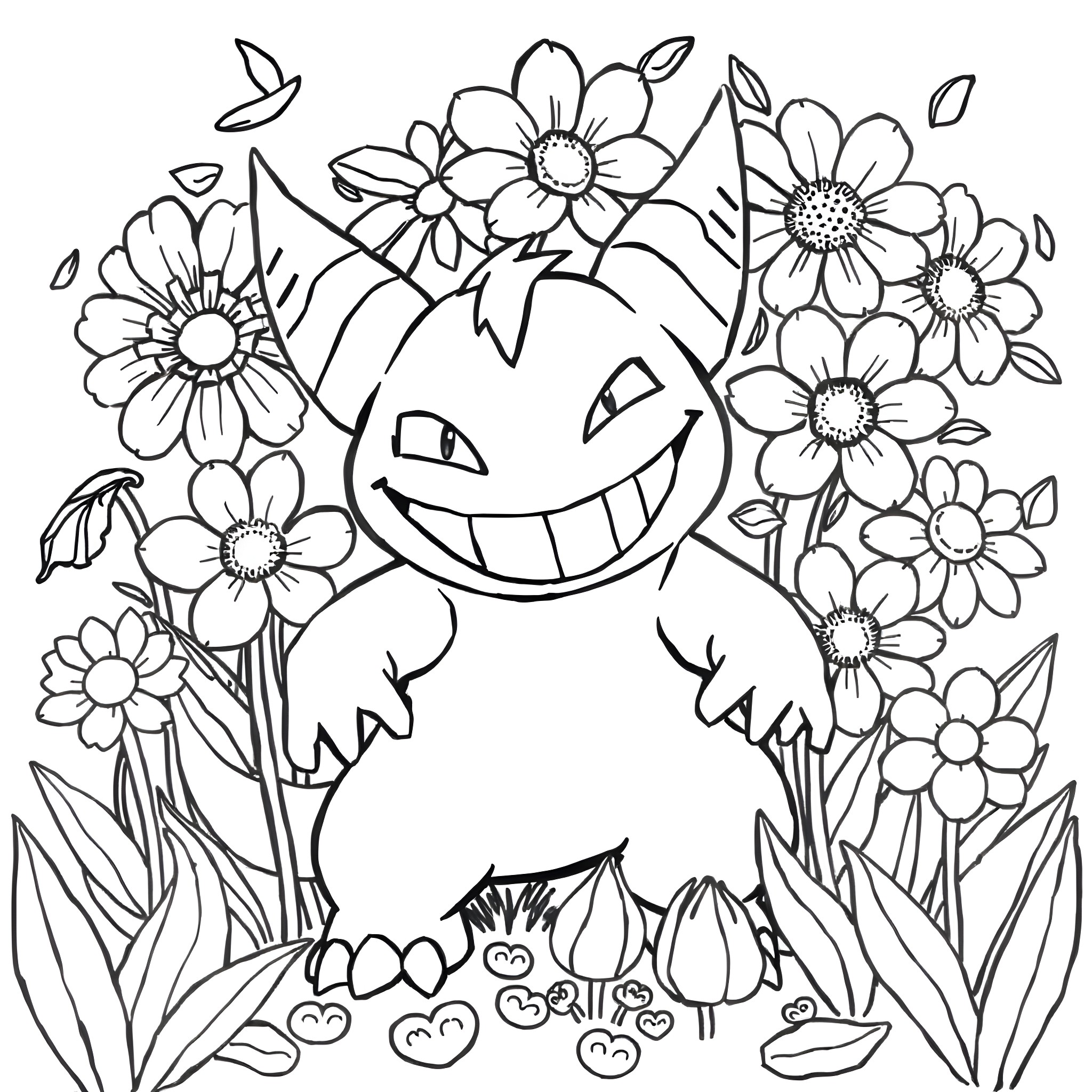 Gengar surrounded by cheerful flowers Coloring Page (free black-and-white line drawing printable PDF for all, from beginners to advanced learners, including children, teens, adults, and seniors)
