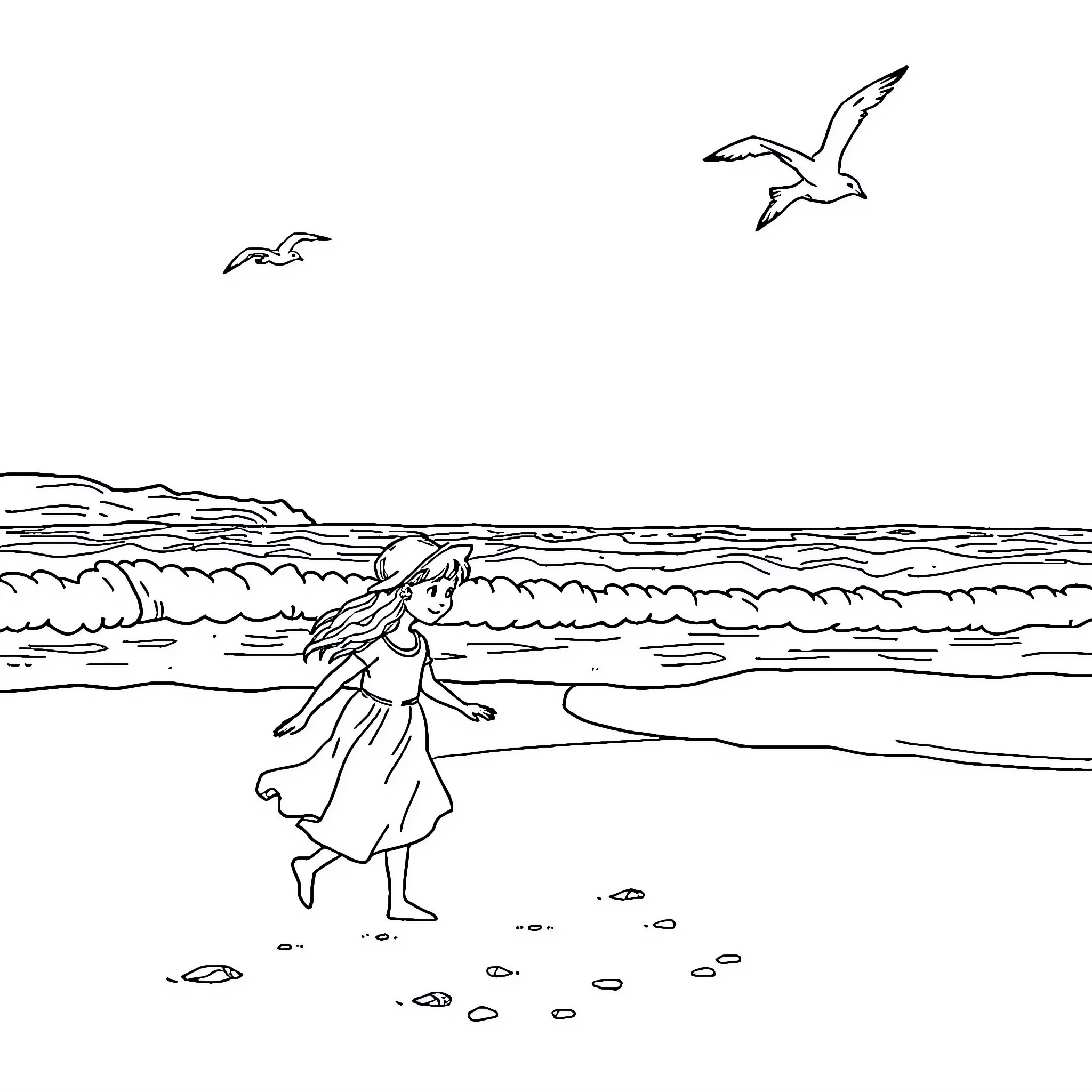 Wendy enjoying a walk by the beach Coloring Page (free black-and-white line drawing printable PDF for all, from beginners to advanced learners, including children, teens, adults, and seniors)