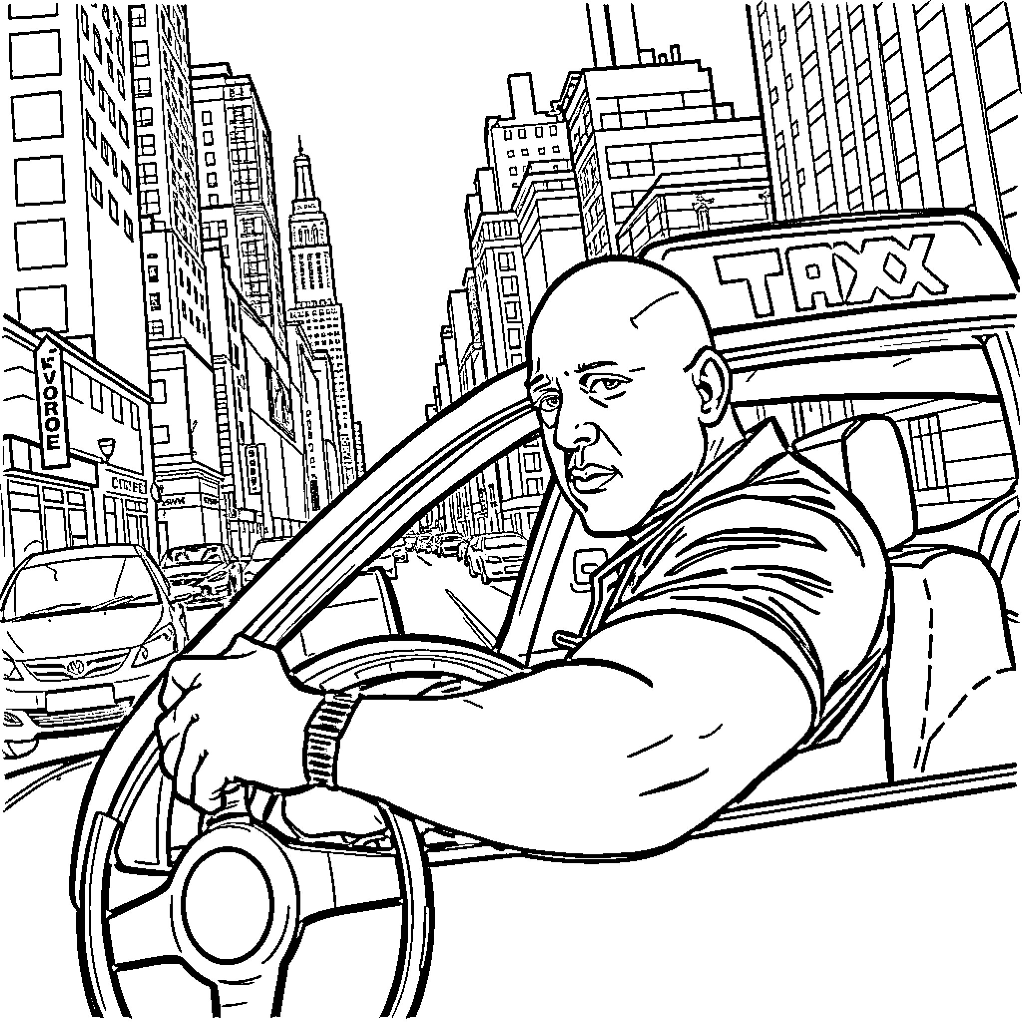 Taxi driver navigating through the bustling city Coloring Page (free black-and-white line drawing printable PDF for all, from beginners to advanced learners, including children, teens, adults, and seniors)