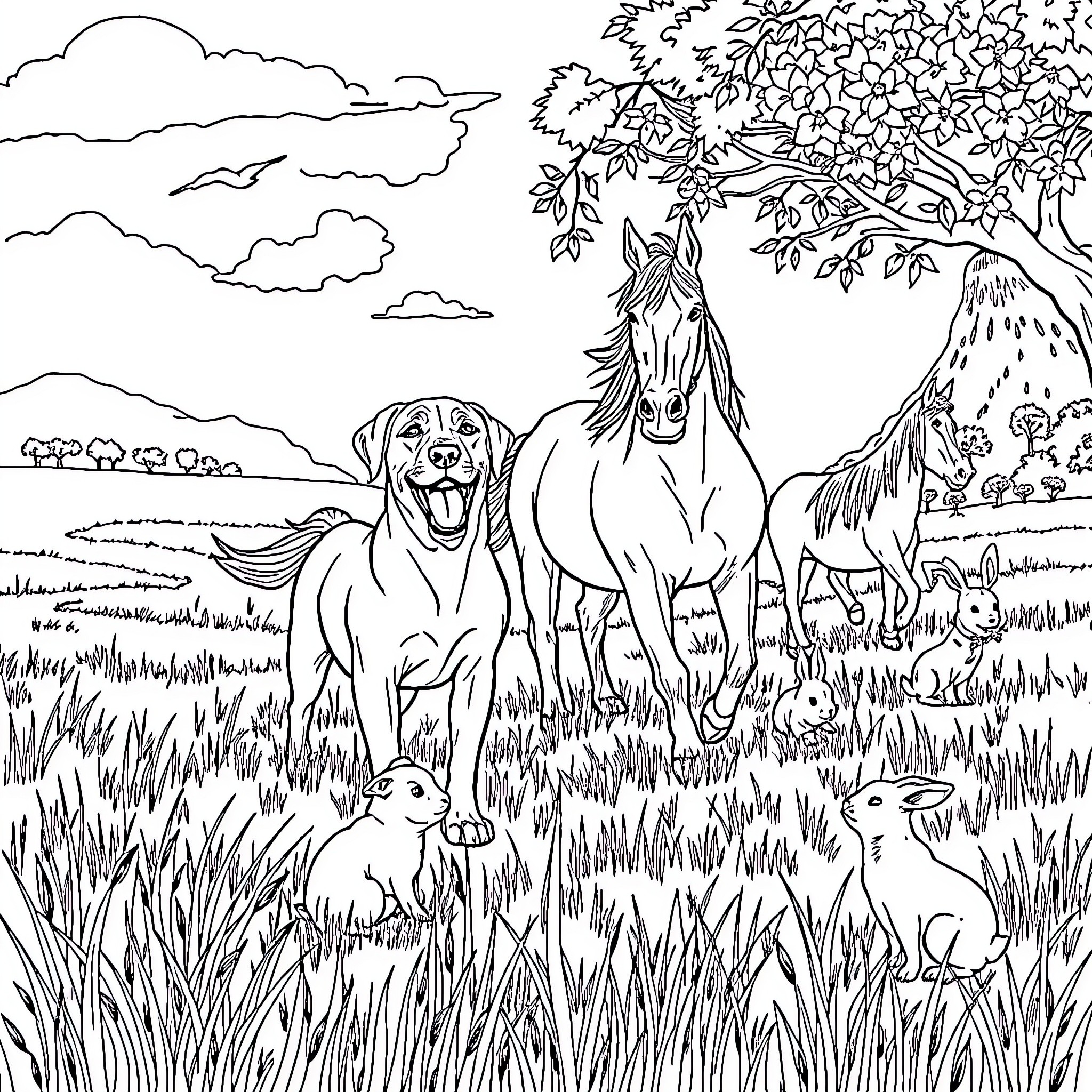 Animal friends in the serene forest landscape Coloring Page (free black-and-white line drawing printable PDF for all, from beginners to advanced learners, including children, teens, adults, and seniors)