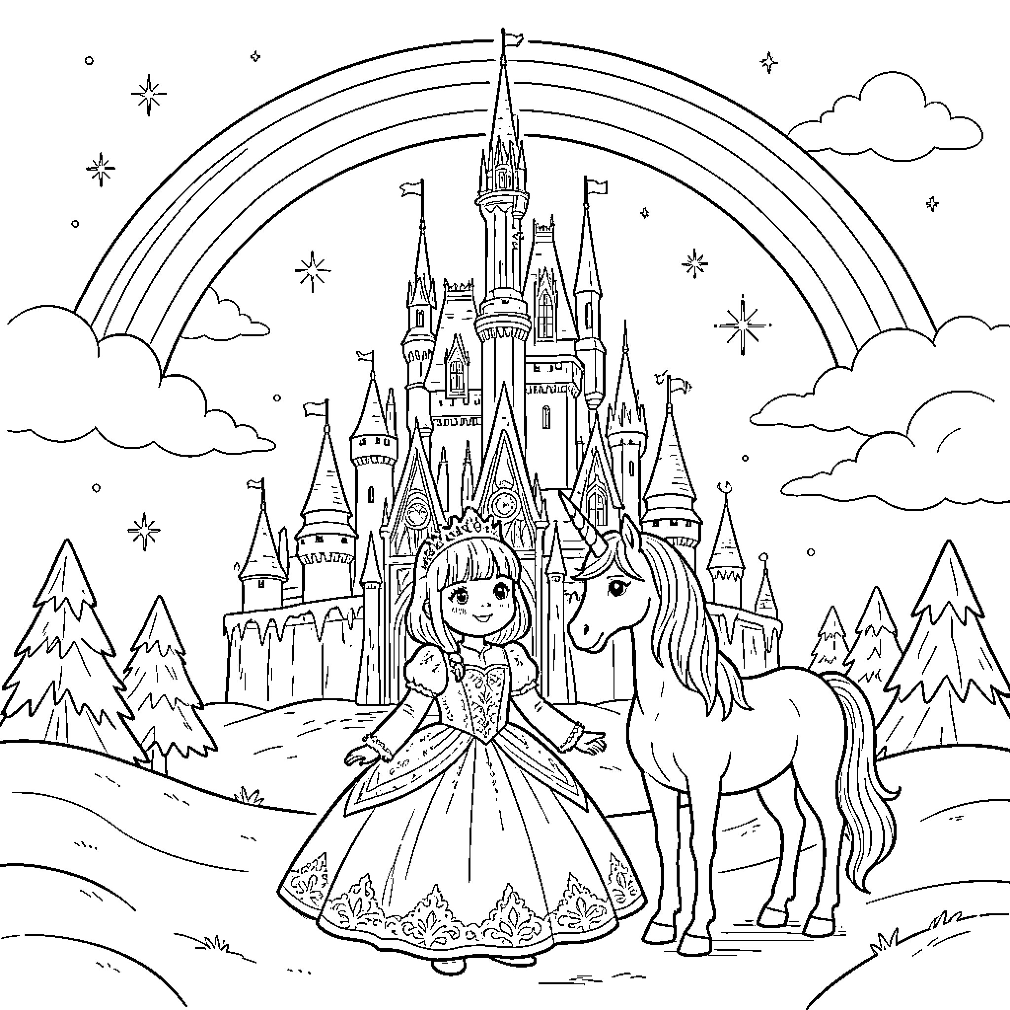 Fille princess standing with a unicorn near a castle Coloring Page (free black-and-white line drawing printable PDF for all, from beginners to advanced learners, including children, teens, adults, and seniors)