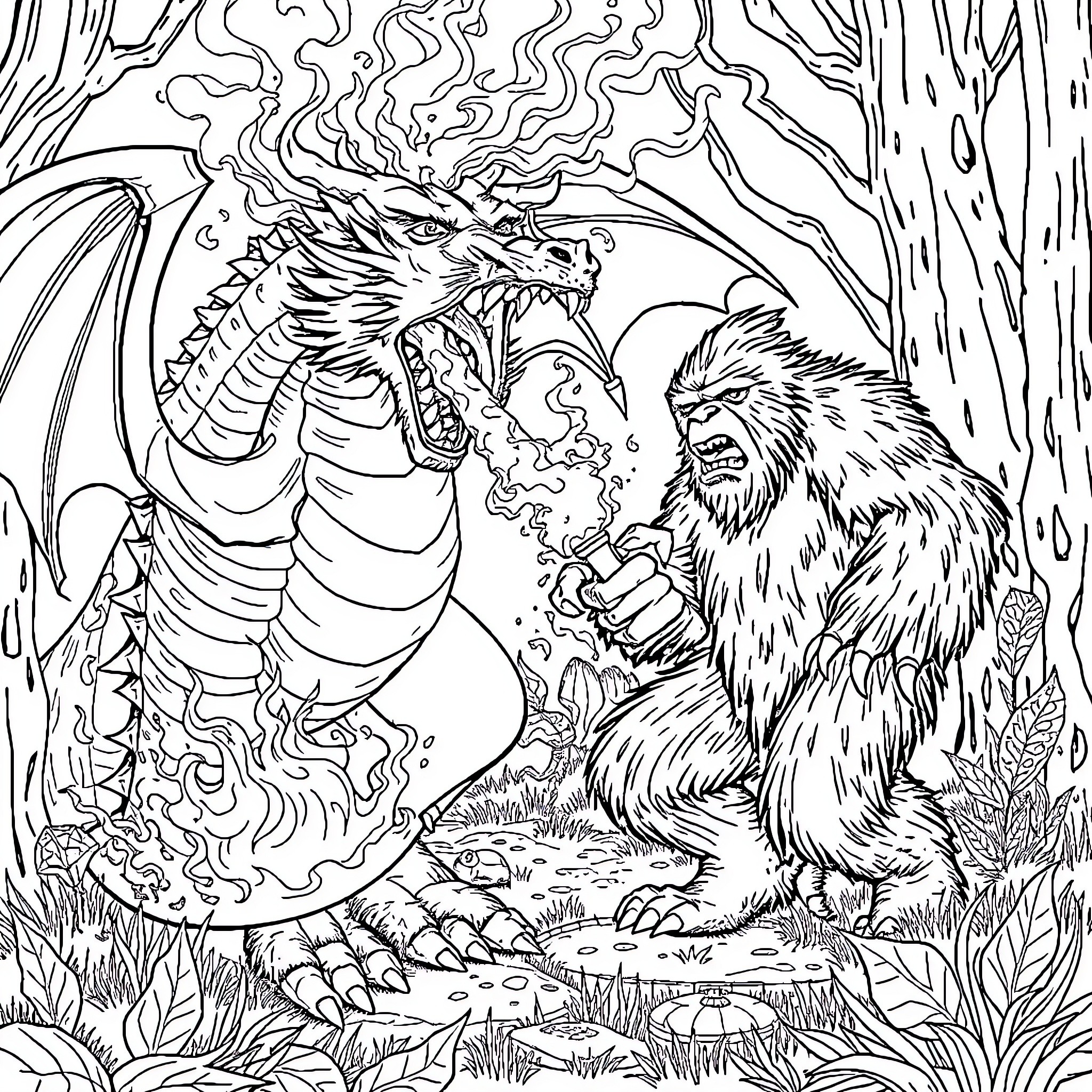 Dragon confronted by fierce mythical creature Coloring Page (free black-and-white line drawing printable PDF for all, from beginners to advanced learners, including children, teens, adults, and seniors)