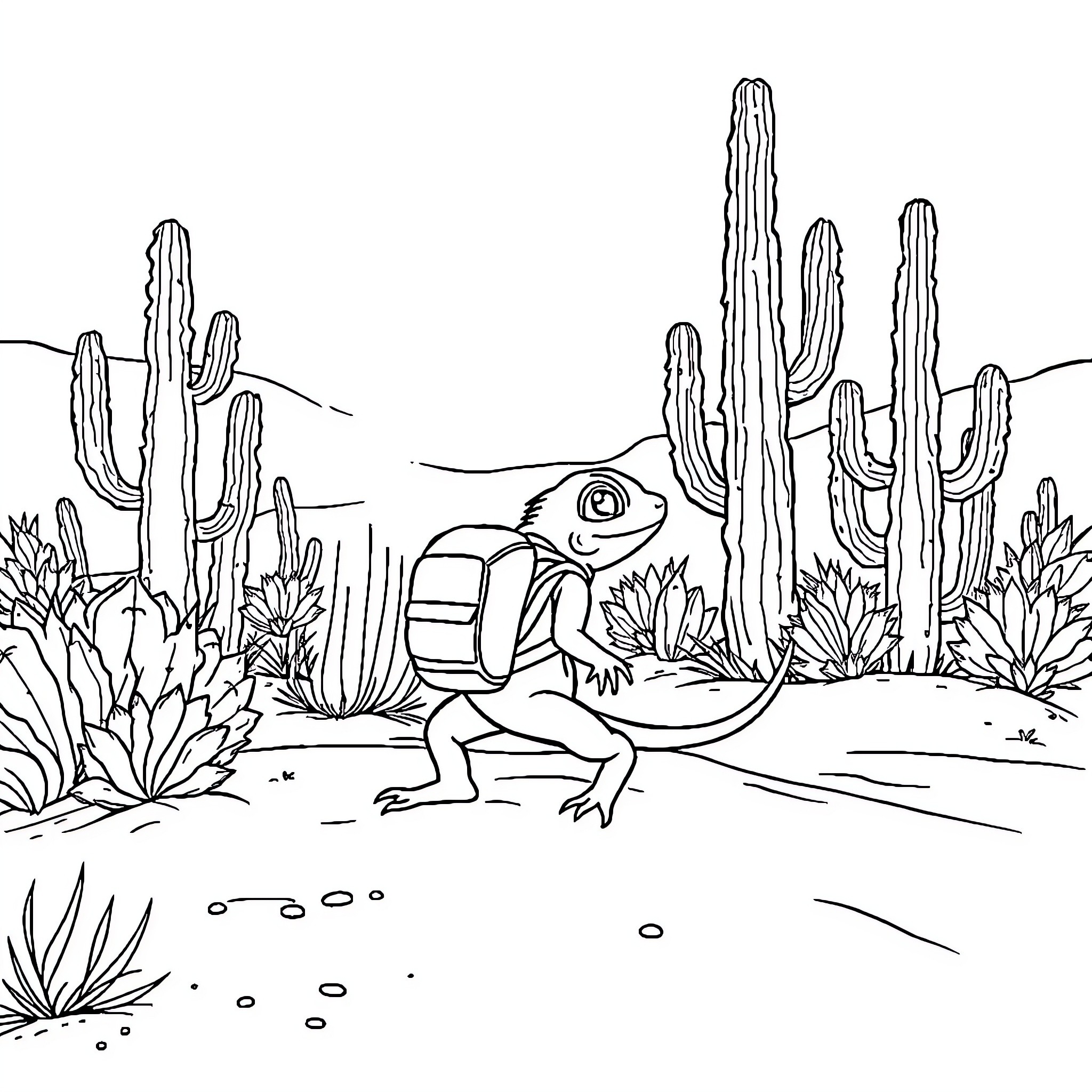 Lizard exploring the desert landscape Coloring Page (free black-and-white line drawing printable PDF for all, from beginners to advanced learners, including children, teens, adults, and seniors)