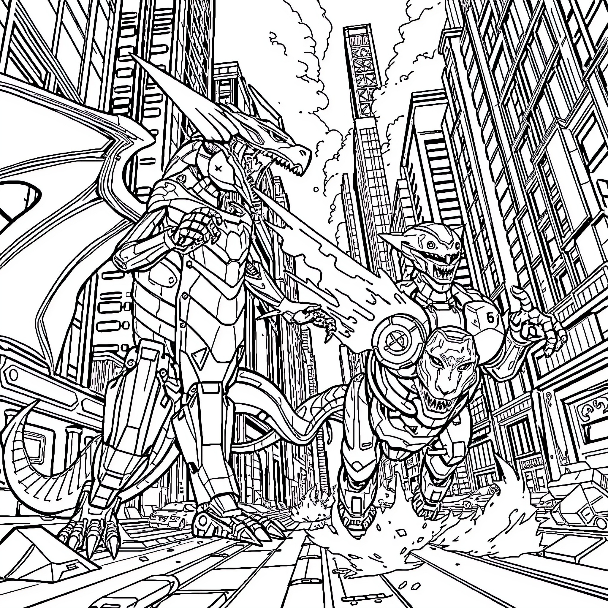 Robot Dragon Attacks Futuristic City Coloring Page (free black-and-white line drawing printable PDF for all, from beginners to advanced learners, including children, teens, adults, and seniors)