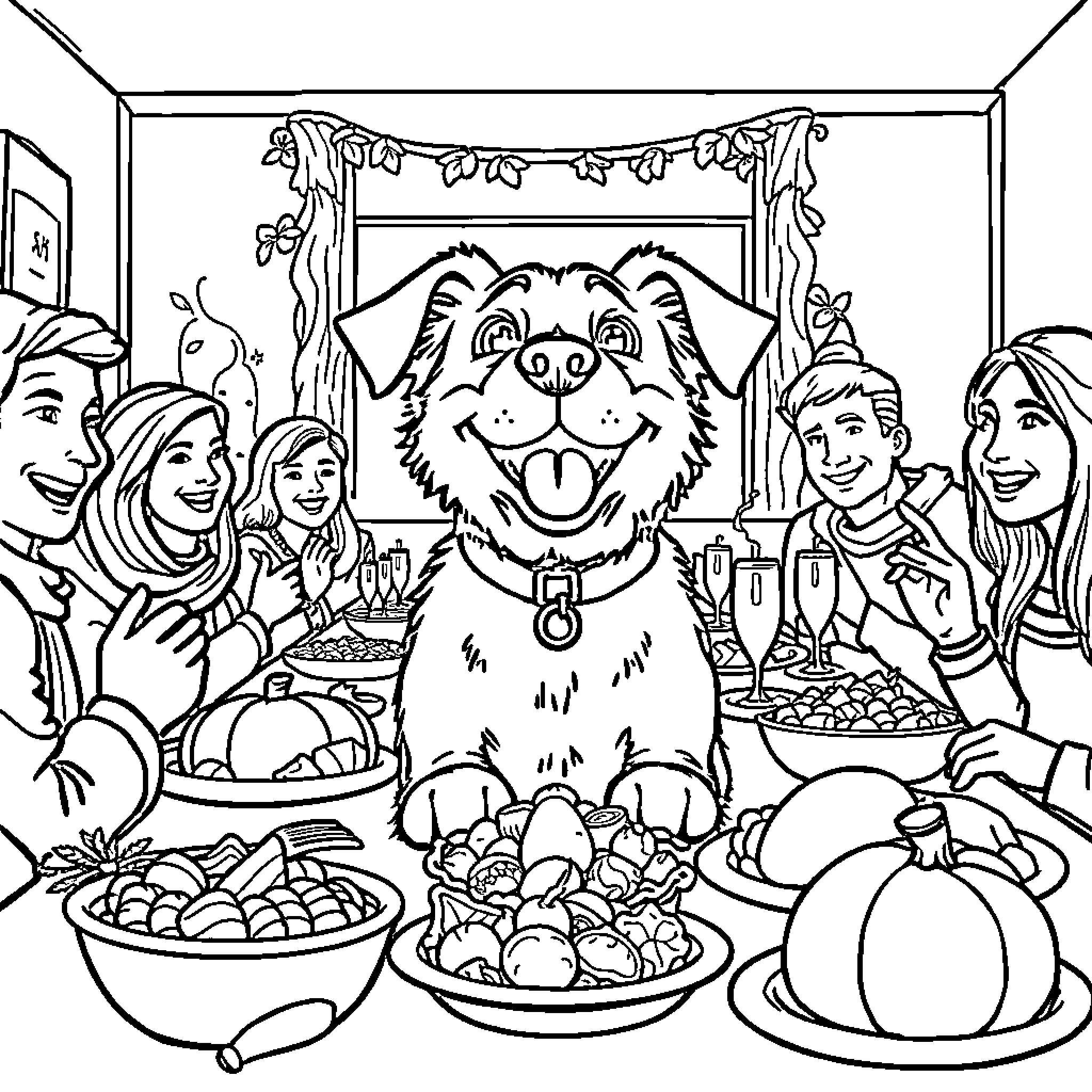 Dog enjoying family Thanksgiving meal Coloring Page (free black-and-white line drawing printable PDF for all, from beginners to advanced learners, including children, teens, adults, and seniors)