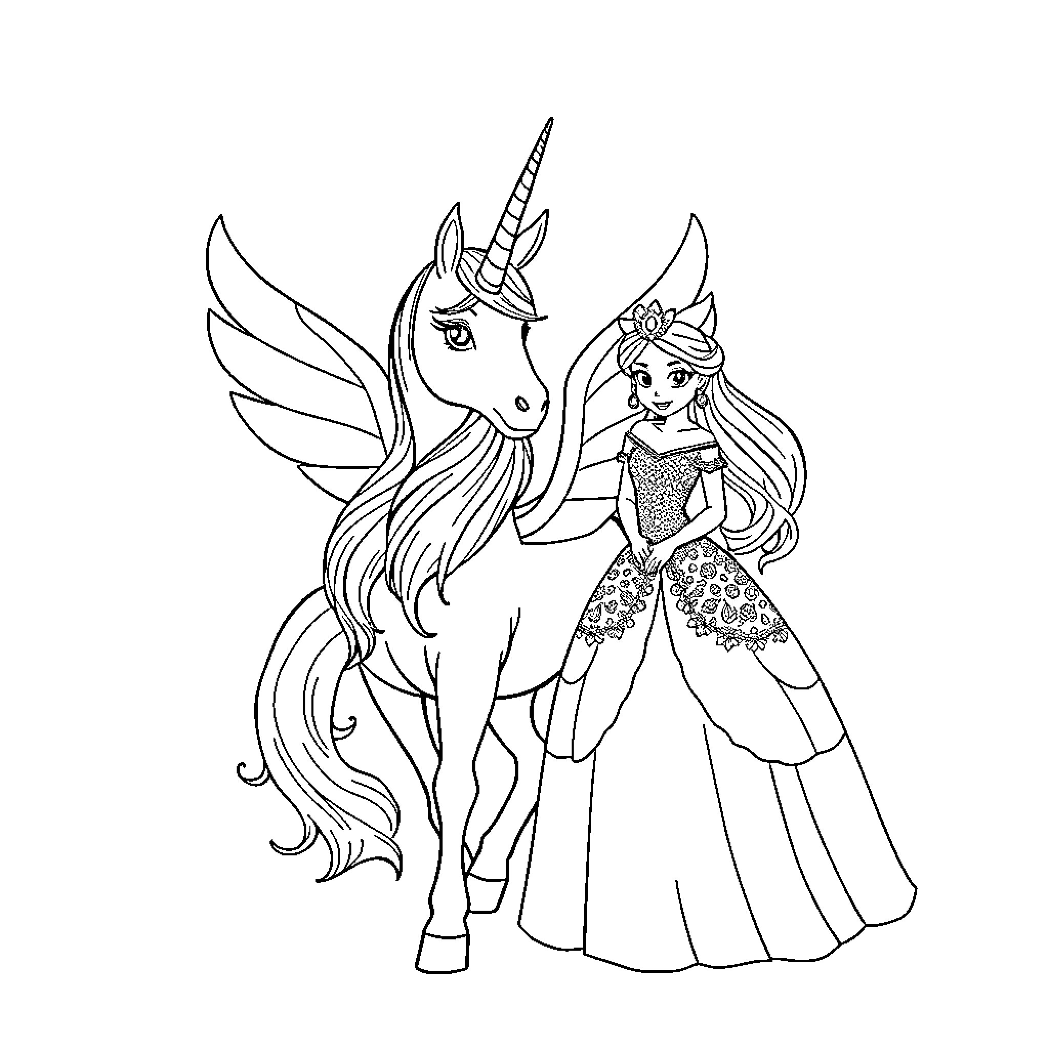 Unicorn and Fairy Posing Elegantly Coloring Page (free black-and-white line drawing printable PDF for all, from beginners to advanced learners, including children, teens, adults, and seniors)