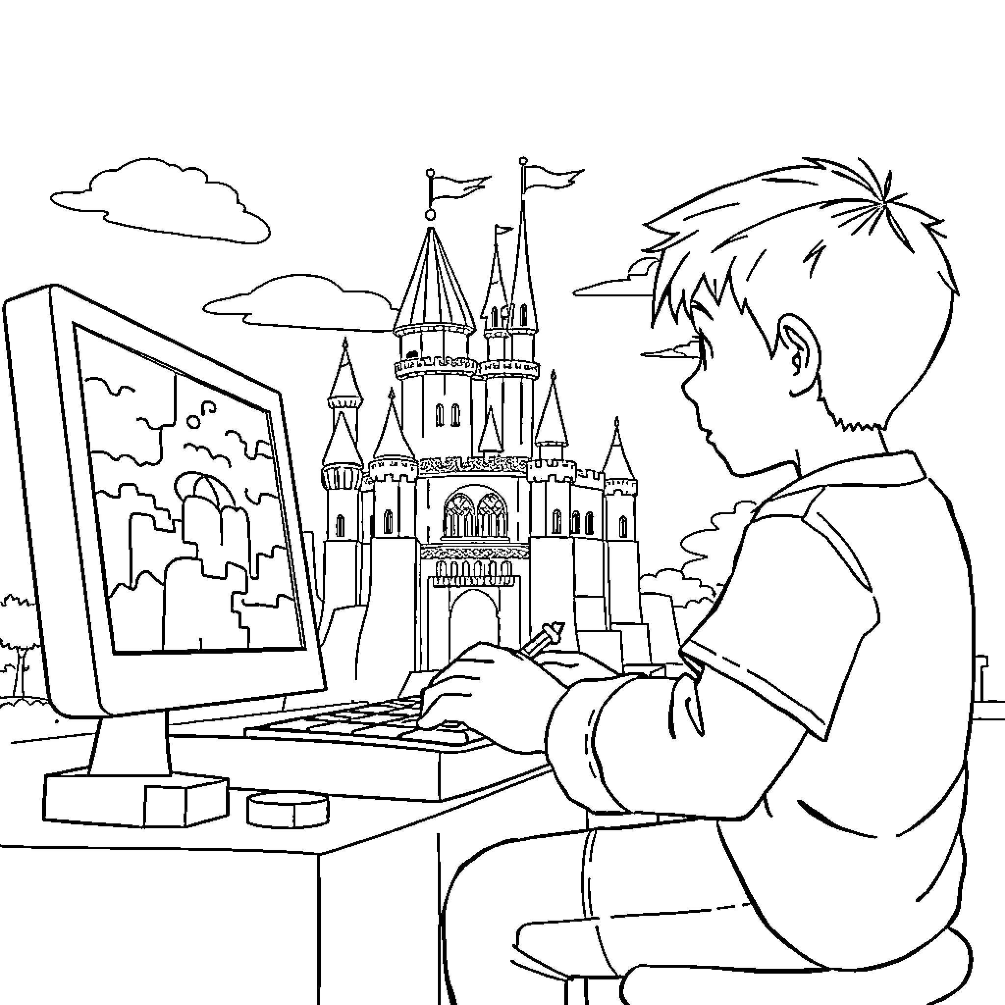 Minecraft player designing castle on computer Coloring Page (free black-and-white line drawing printable PDF for all, from beginners to advanced learners, including children, teens, adults, and seniors)