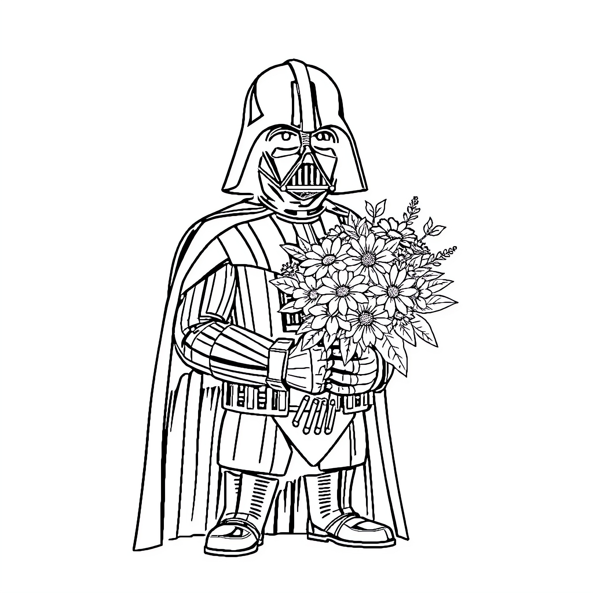 Darth Vader holding a bouquet of flowers Coloring Page (free black-and-white line drawing printable PDF for all, from beginners to advanced learners, including children, teens, adults, and seniors)