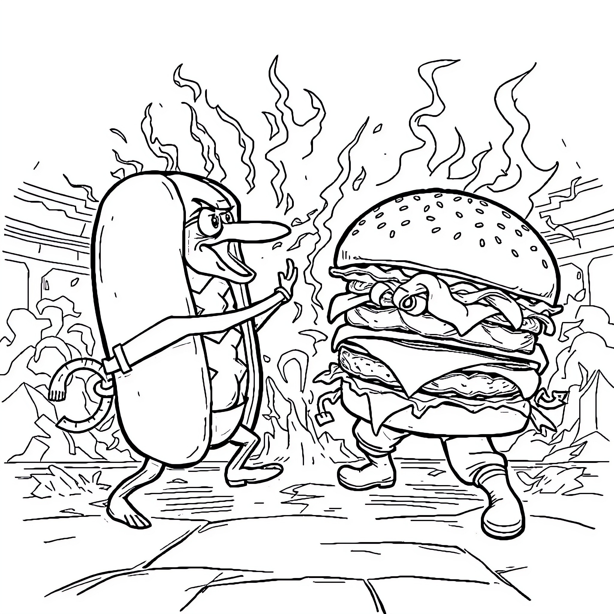 Hotdog and Hamburger in Playful Confrontation Coloring Page (free black-and-white line drawing printable PDF for all, from beginners to advanced learners, including children, teens, adults, and seniors)