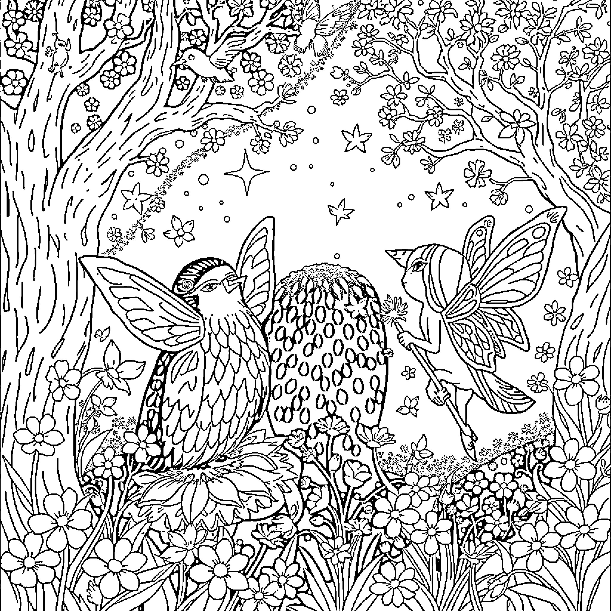 Lutin fairies dancing amid enchanted forest Coloring Page (free black-and-white line drawing printable PDF for all, from beginners to advanced learners, including children, teens, adults, and seniors)
