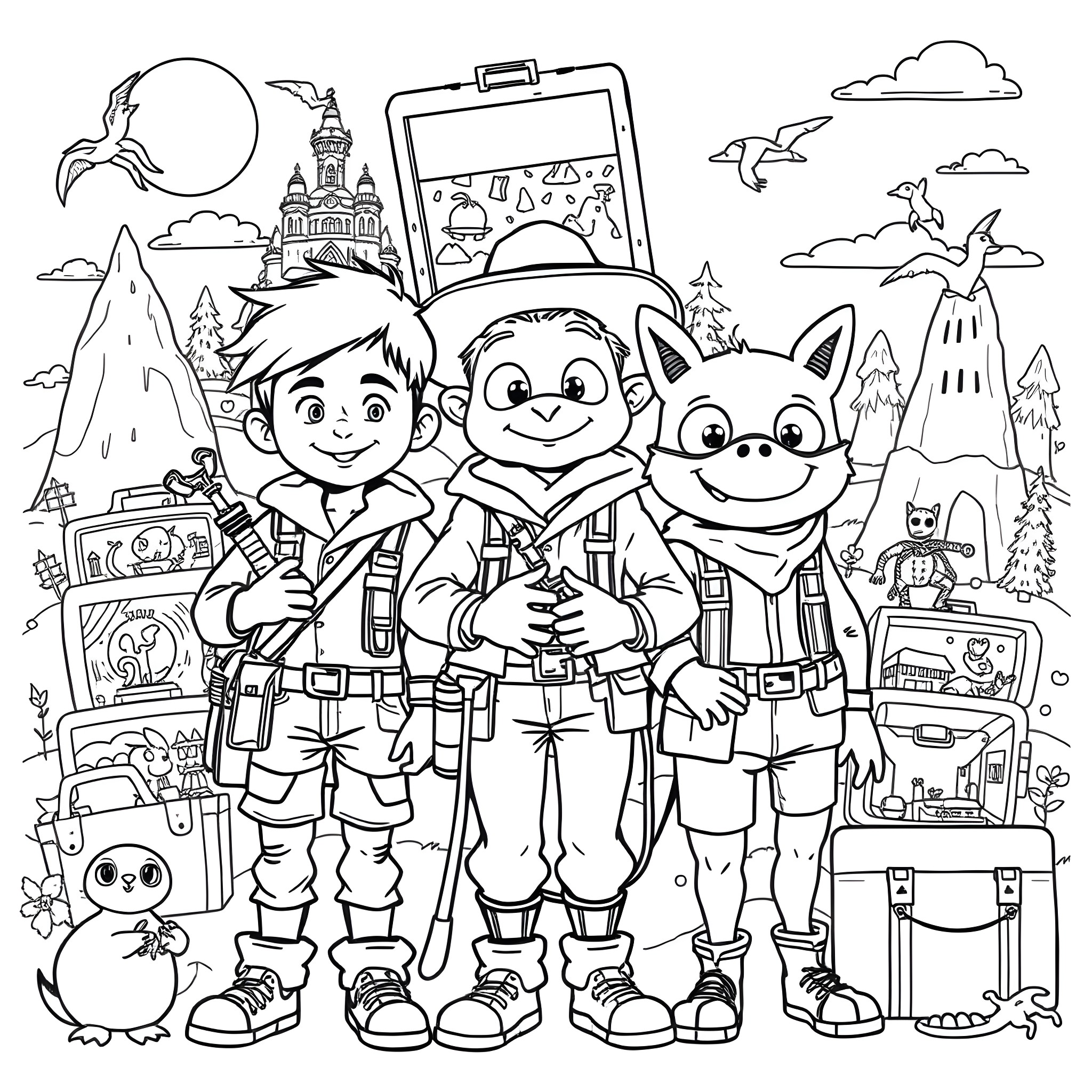 Sam's Adventurous Expedition with Friends Coloring Page (free black-and-white line drawing printable PDF for all, from beginners to advanced learners, including children, teens, adults, and seniors)