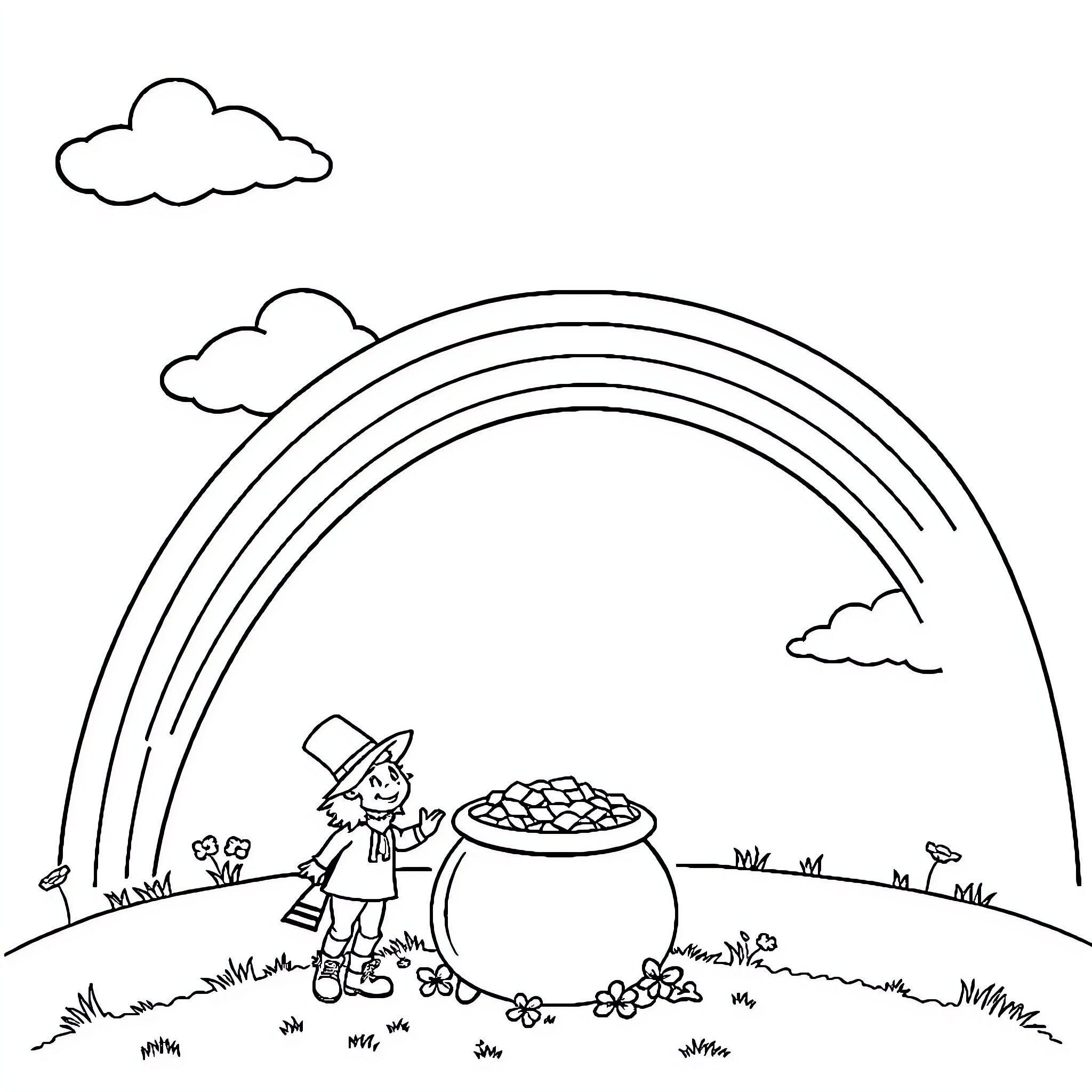 Rainbow Pot of Gold with Smiling Leprechaun Coloring Page (free black-and-white line drawing printable PDF for all, from beginners to advanced learners, including children, teens, adults, and seniors)