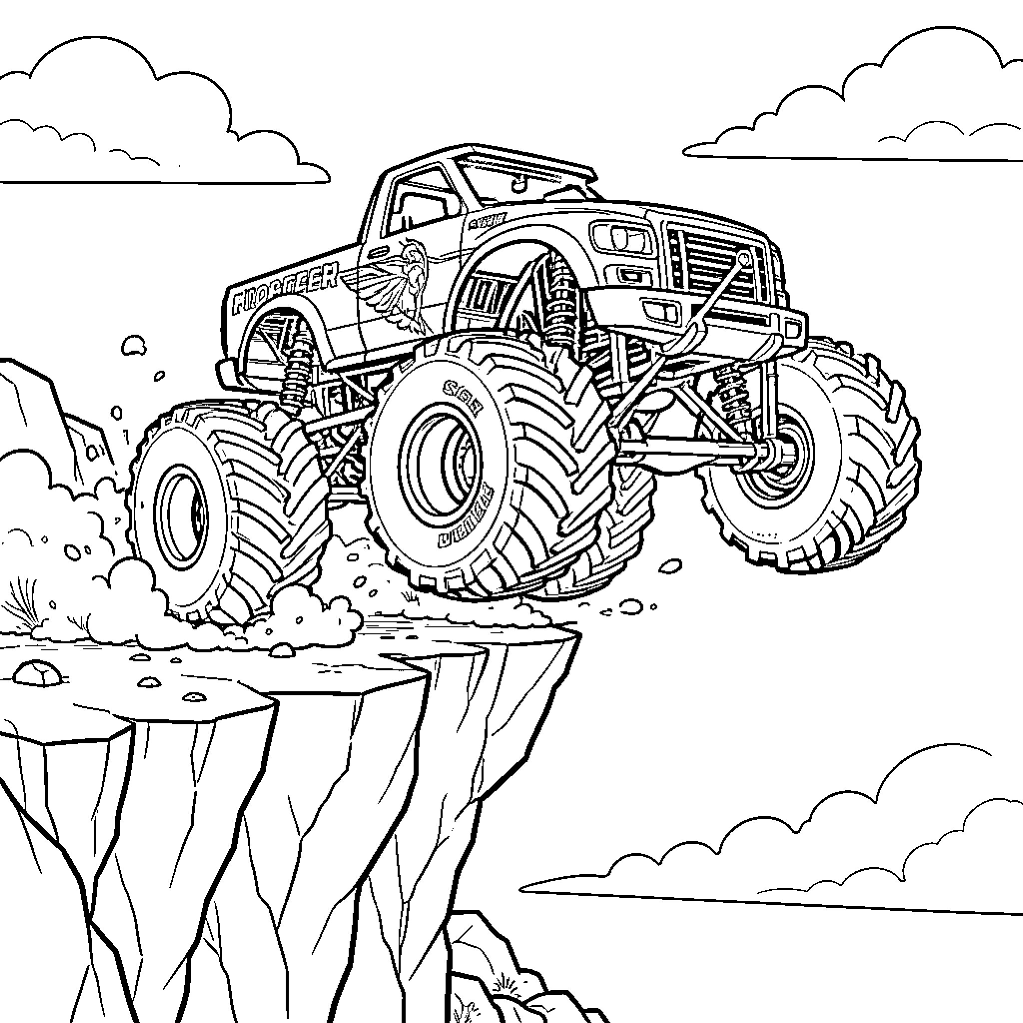 Monster Truck Jumping Over a Cliff Coloring Page (free black-and-white line drawing printable PDF for all, from beginners to advanced learners, including children, teens, adults, and seniors)