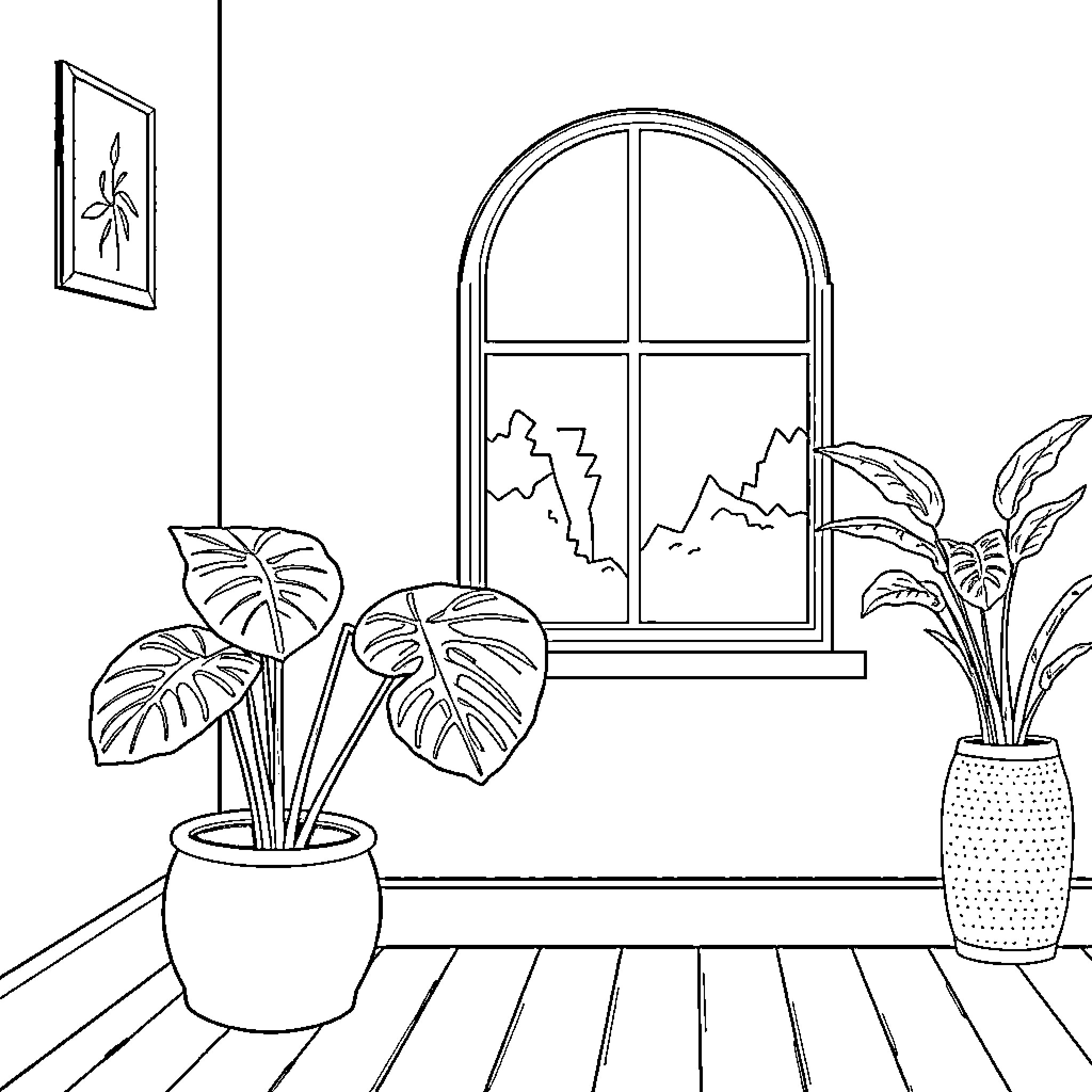 Monstera plants adorning cozy indoor space Coloring Page (free black-and-white line drawing printable PDF for all, from beginners to advanced learners, including children, teens, adults, and seniors)