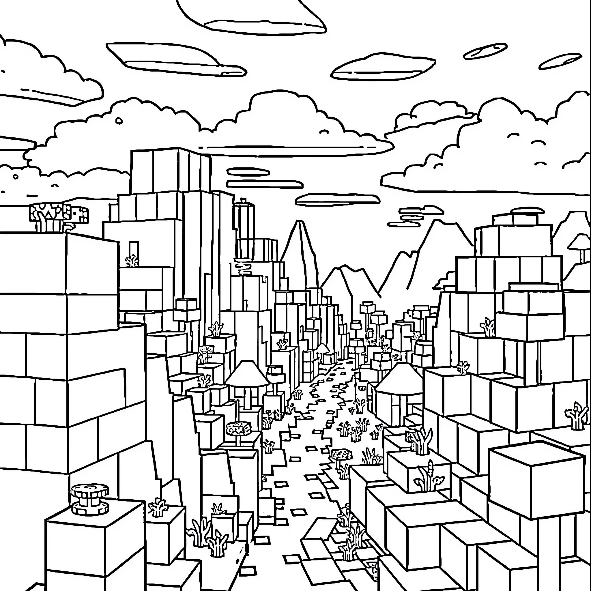 Minecraft cityscape with flying objects in the sky Coloring Page (free black-and-white line drawing printable PDF for all, from beginners to advanced learners, including children, teens, adults, and seniors)