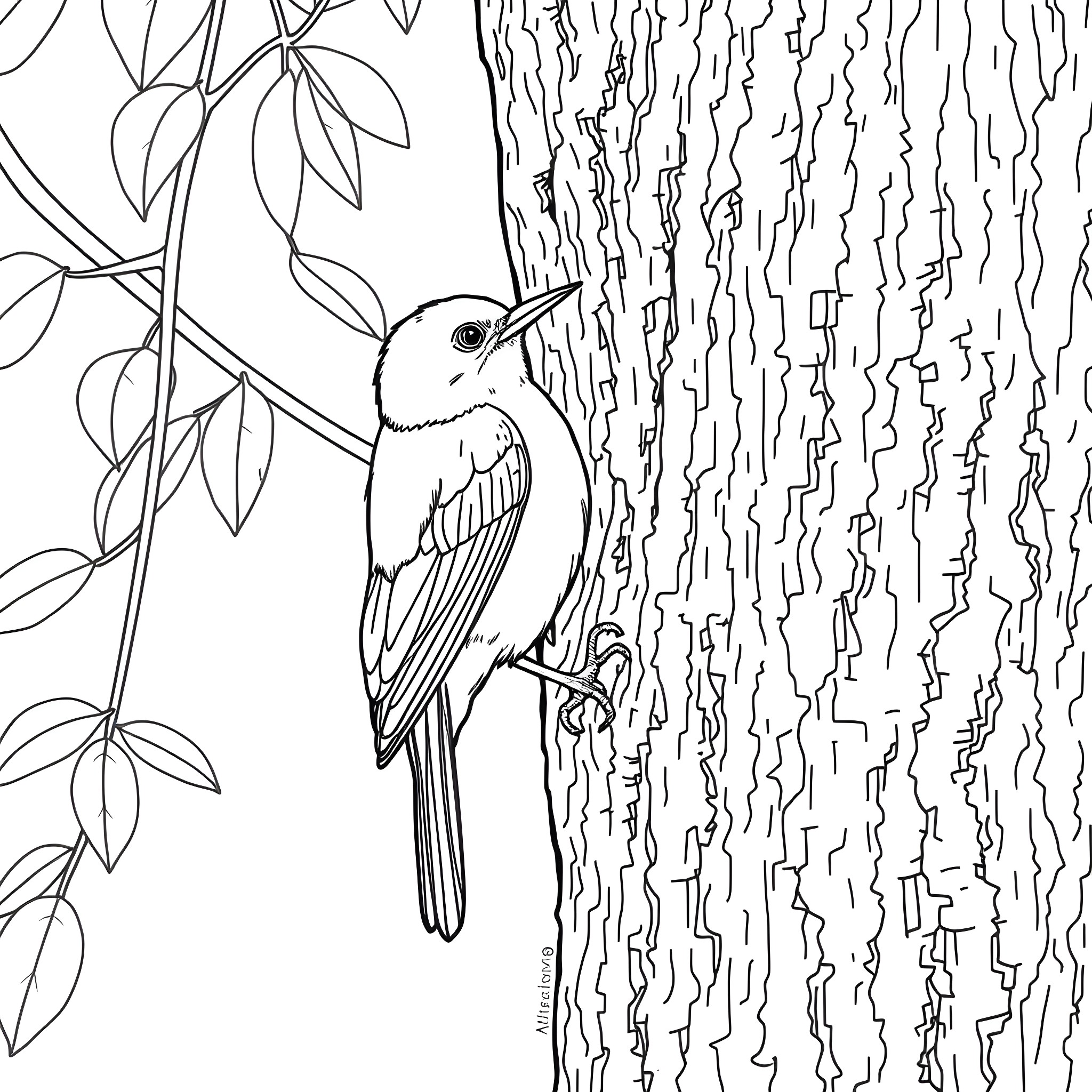 Honeycreeper perched on a tree branch Coloring Page (free black-and-white line drawing printable PDF for all, from beginners to advanced learners, including children, teens, adults, and seniors)