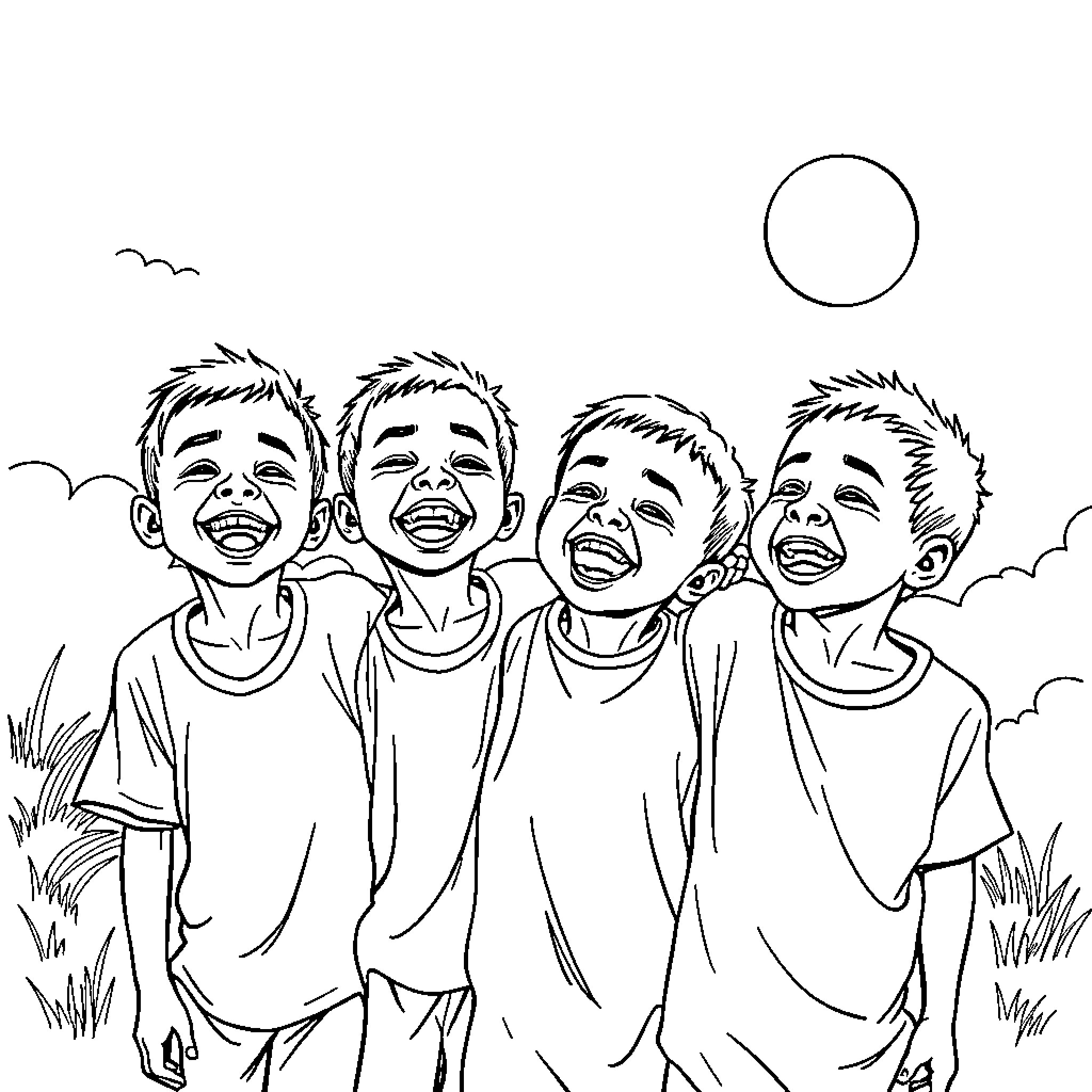 Saja Boy Joyful Gathering in Nature Coloring Page (free black-and-white line drawing printable PDF for all, from beginners to advanced learners, including children, teens, adults, and seniors)