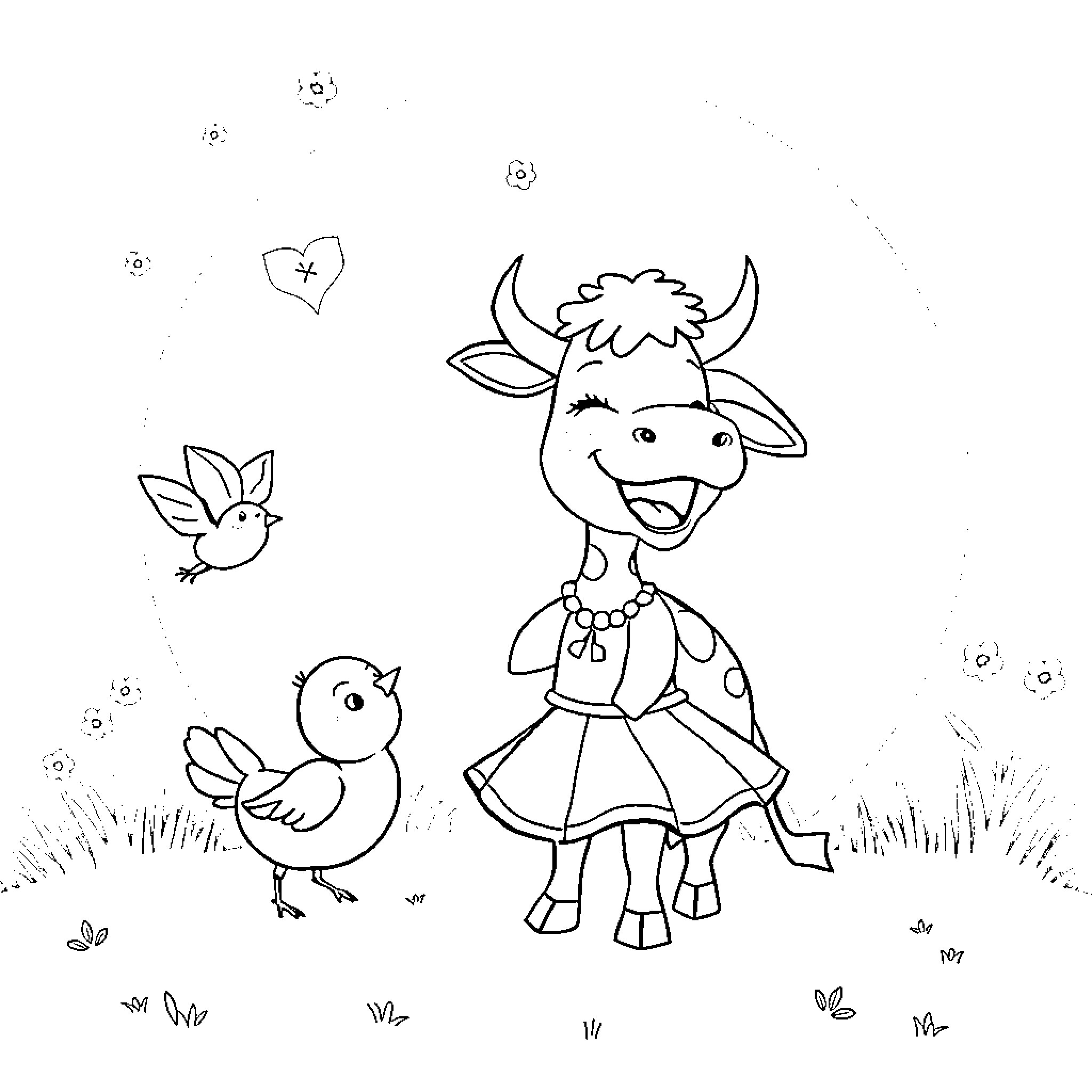 Vaca dancing joyfully with chicks in nature Coloring Page (free black-and-white line drawing printable PDF for all, from beginners to advanced learners, including children, teens, adults, and seniors)