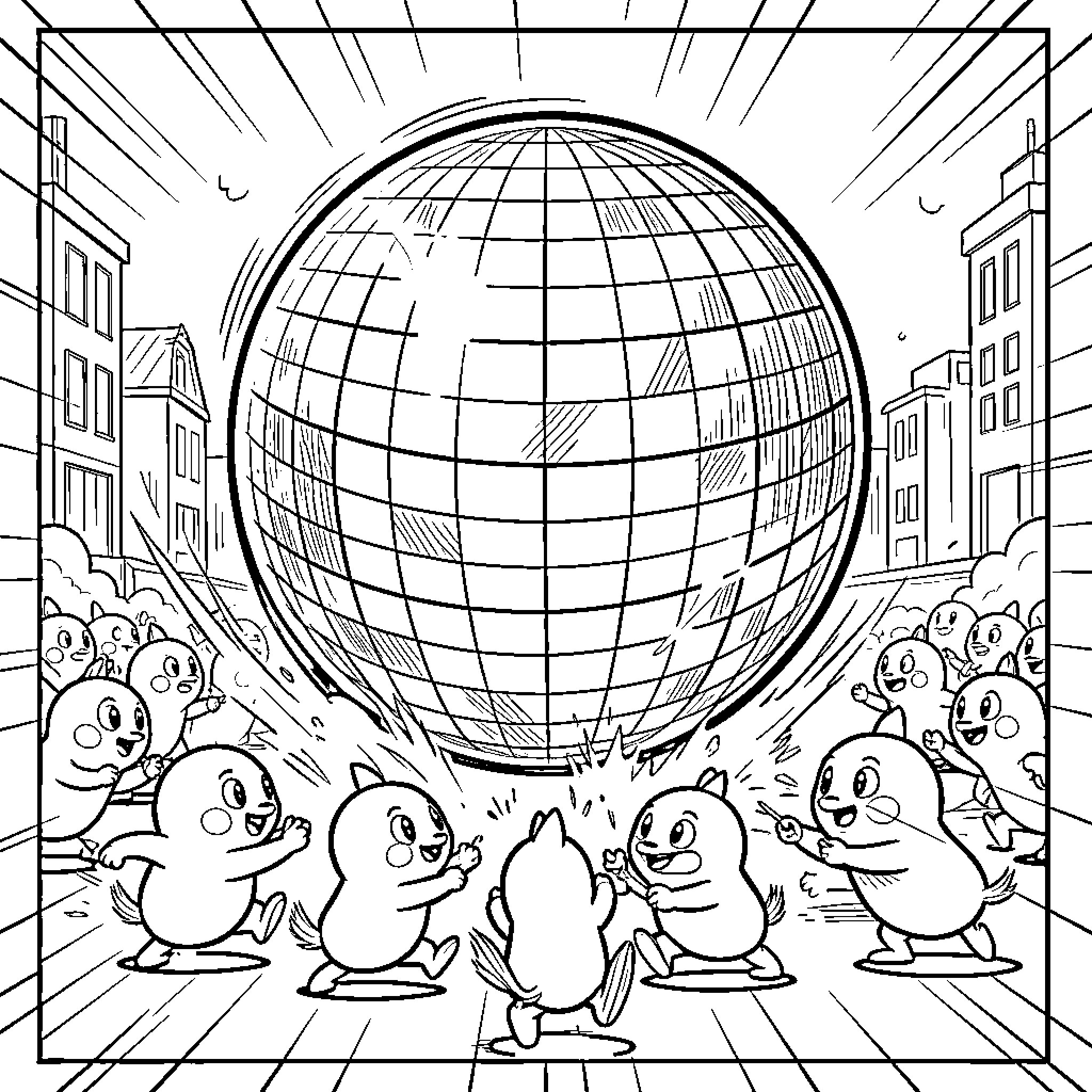 Pikmin dancing joyfully around a giant disco ball Coloring Page (free black-and-white line drawing printable PDF for all, from beginners to advanced learners, including children, teens, adults, and seniors)
