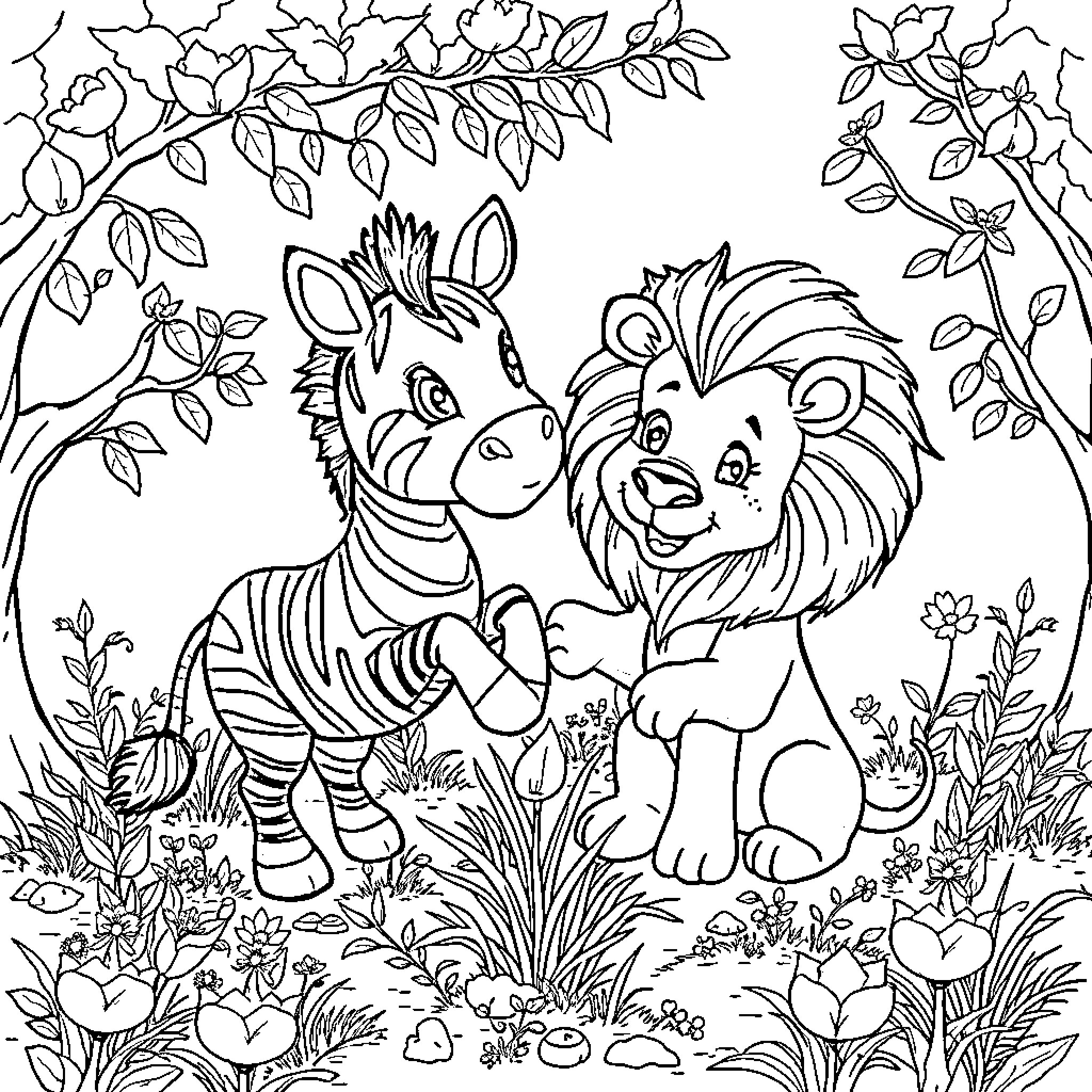 Zebra and Lion Explore the Vibrant Jungle Coloring Page (free black-and-white line drawing printable PDF for all, from beginners to advanced learners, including children, teens, adults, and seniors)