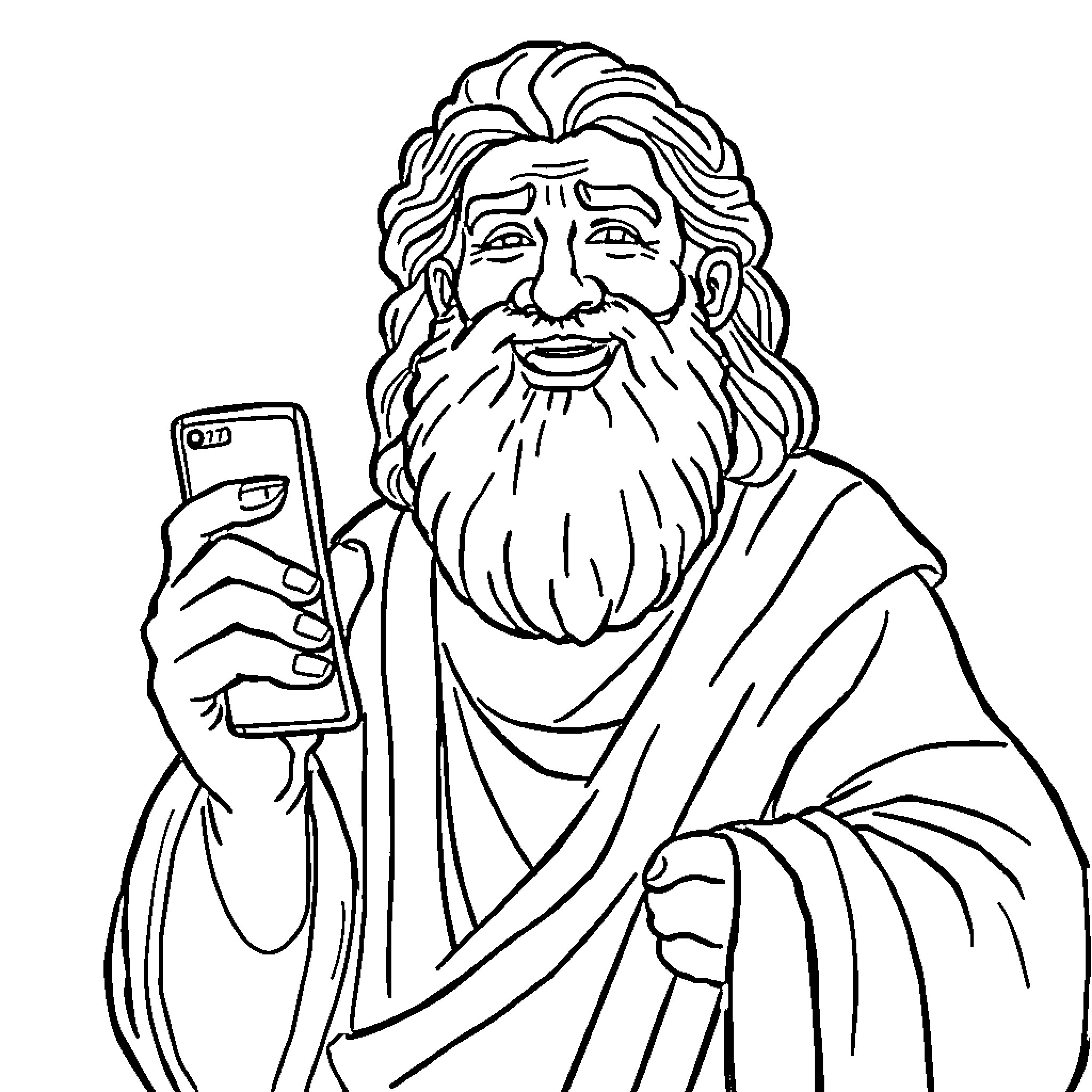 Euripides Poses with Smartphone in Thoughtful Pose Coloring Page (free black-and-white line drawing printable PDF for all, from beginners to advanced learners, including children, teens, adults, and seniors)