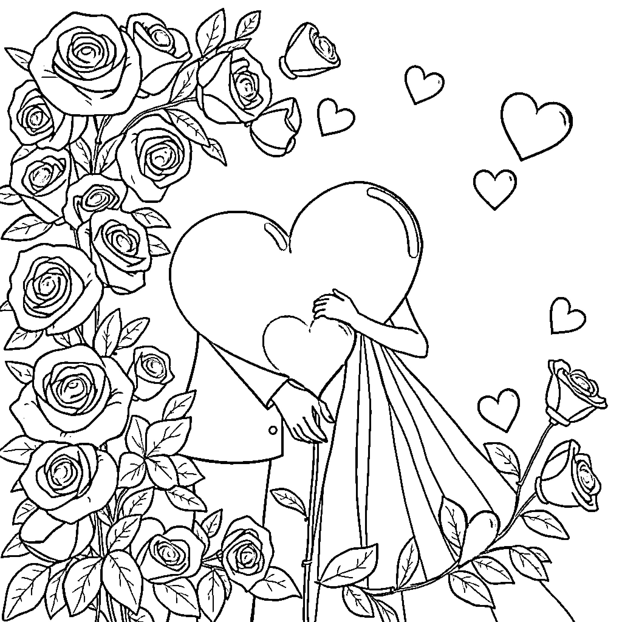 Valentine's Romantic Scene with Flowers and Hearts Coloring Page (free black-and-white line drawing printable PDF for all, from beginners to advanced learners, including children, teens, adults, and seniors)
