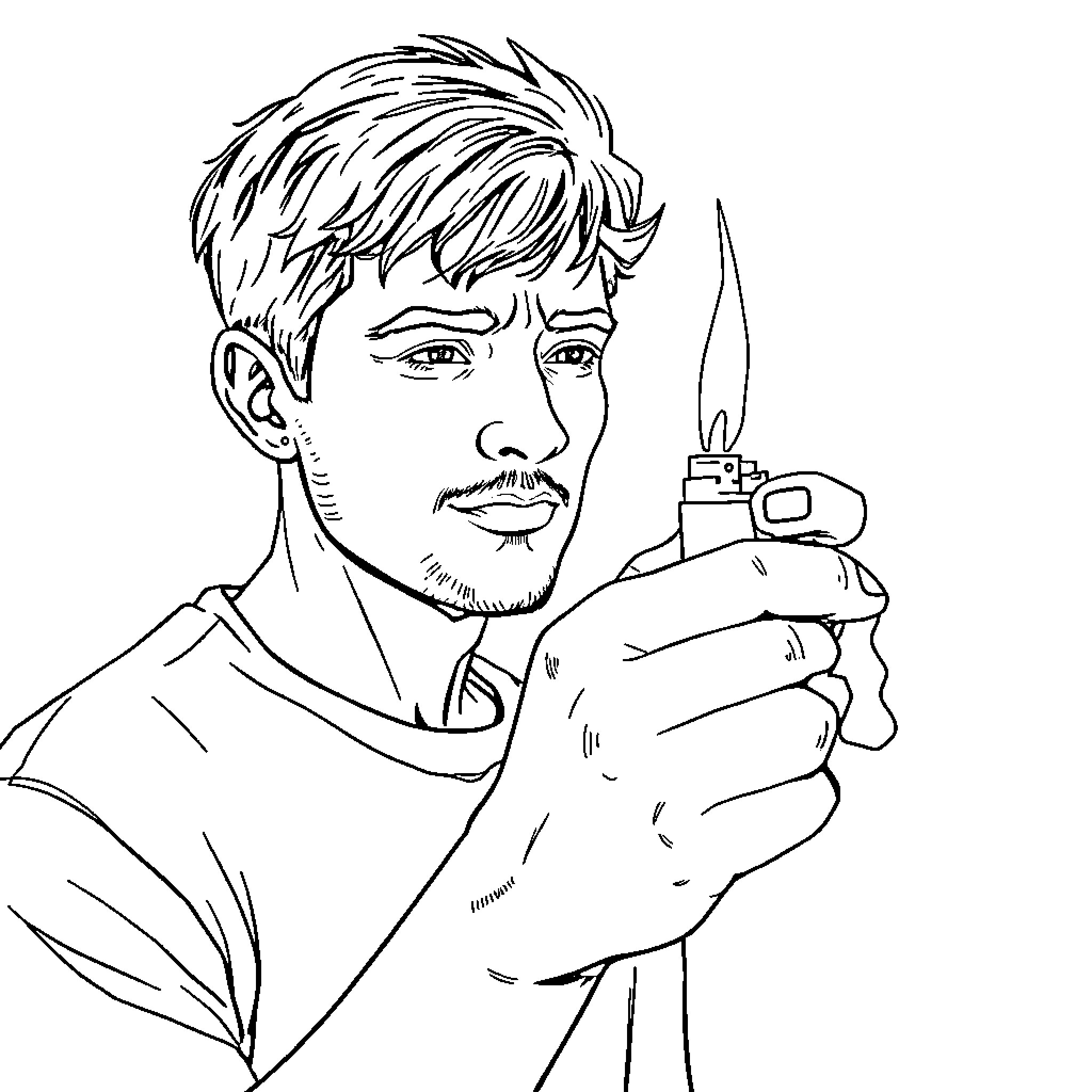 Lighter Moments: A Man Ignites His Thoughts Coloring Page (free black-and-white line drawing printable PDF for all, from beginners to advanced learners, including children, teens, adults, and seniors)