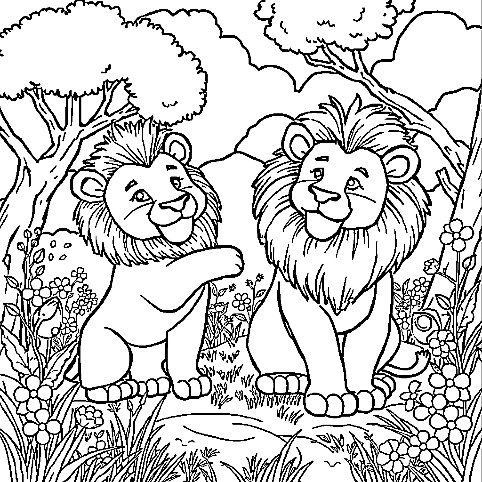 Lion siblings playing together in the wild Coloring Page (free black-and-white line drawing printable PDF for all, from beginners to advanced learners, including children, teens, adults, and seniors)