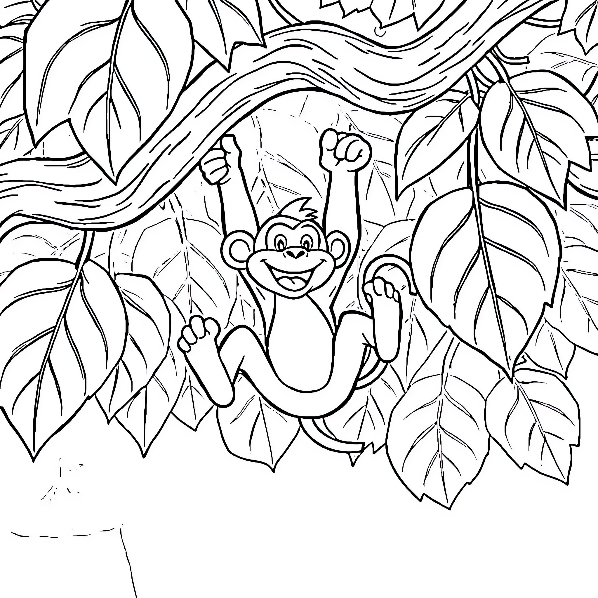 Monkey swinging happily in the jungle Coloring Page (free black-and-white line drawing printable PDF for all, from beginners to advanced learners, including children, teens, adults, and seniors)