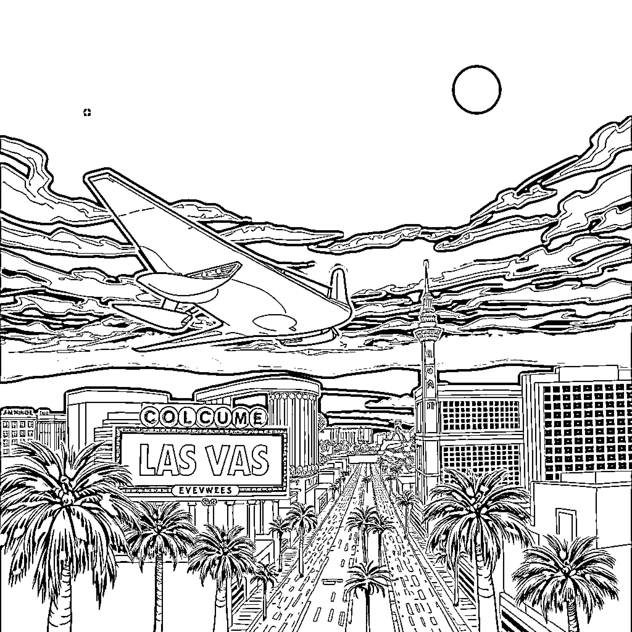 Airplane flying over the cityscape of Las Vegas Coloring Page (free black-and-white line drawing printable PDF for all, from beginners to advanced learners, including children, teens, adults, and seniors)