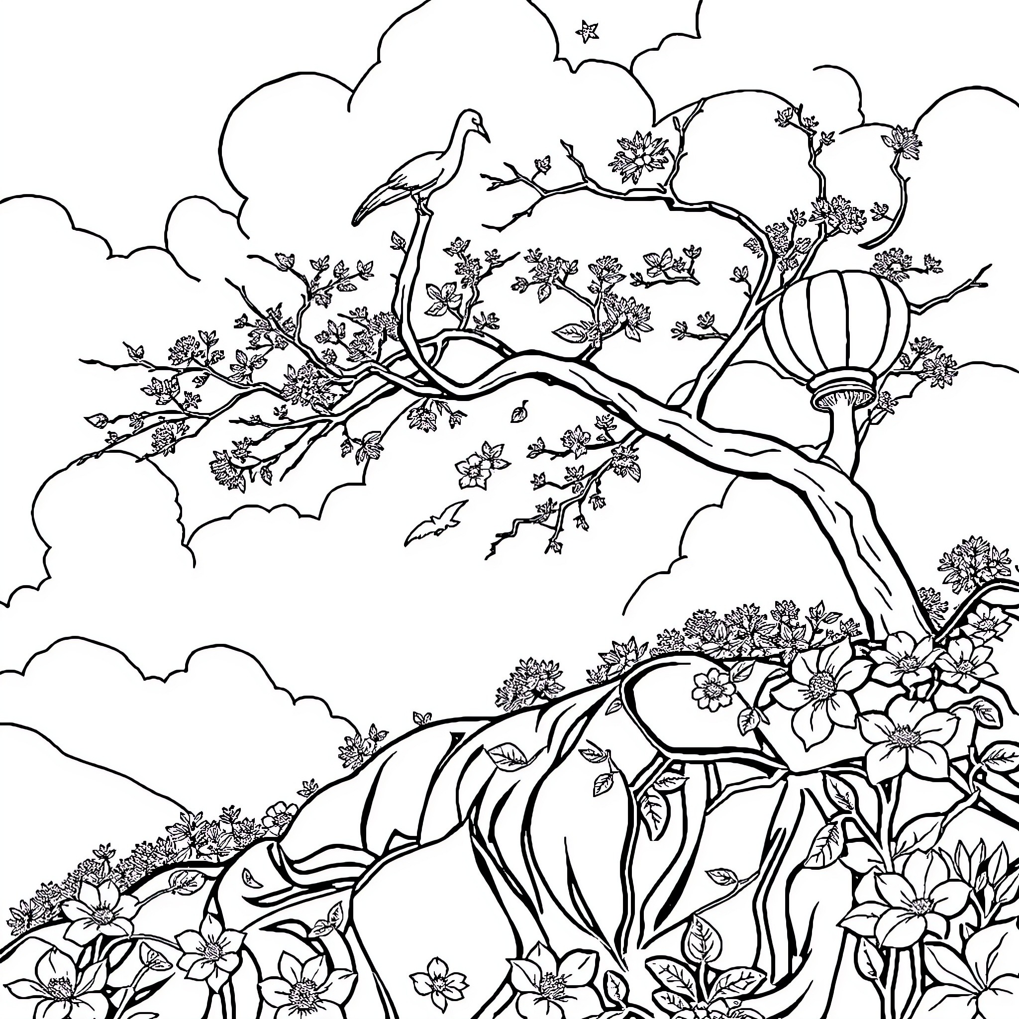 Landscape with Blooming Flowers and Perched Bird Coloring Page (free black-and-white line drawing printable PDF for all, from beginners to advanced learners, including children, teens, adults, and seniors)