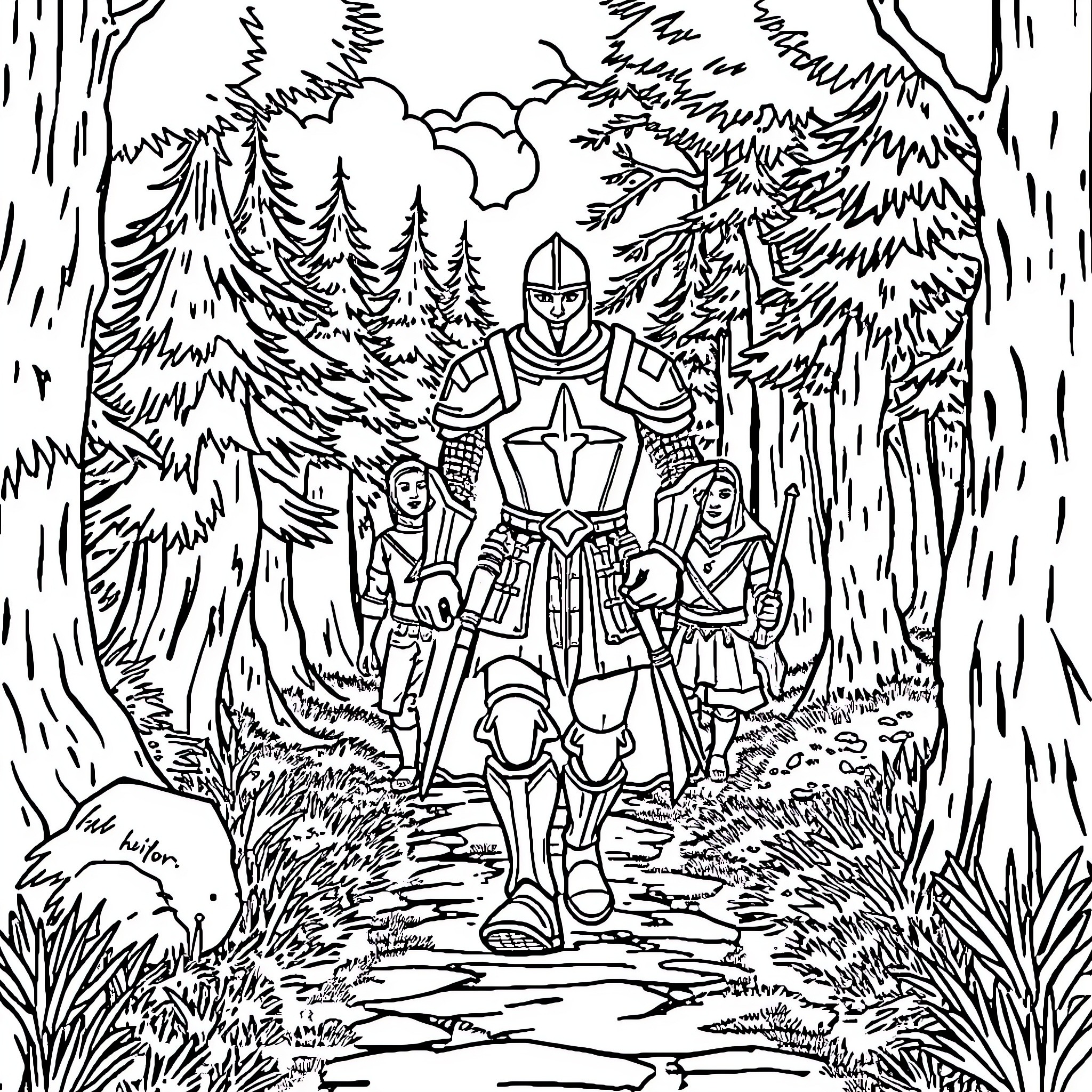 Knight and Companions Exploring the Enchanted Forest Coloring Page (free black-and-white line drawing printable PDF for all, from beginners to advanced learners, including children, teens, adults, and seniors)