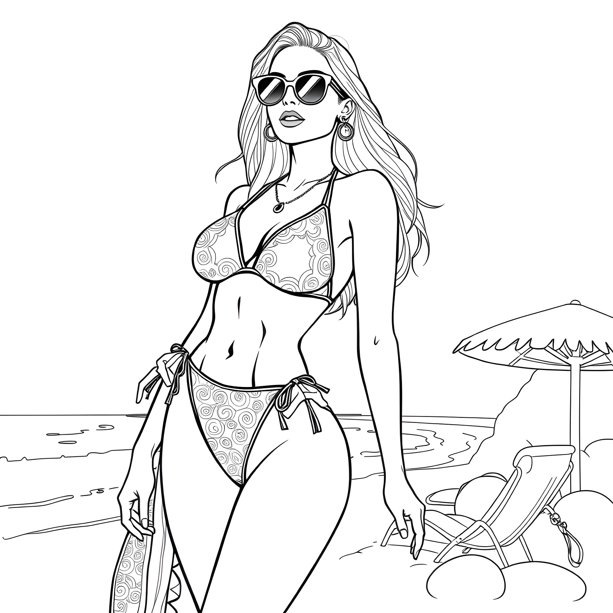 Mom enjoys a sunny day at the beach Coloring Page (free black-and-white line drawing printable PDF for all, from beginners to advanced learners, including children, teens, adults, and seniors)