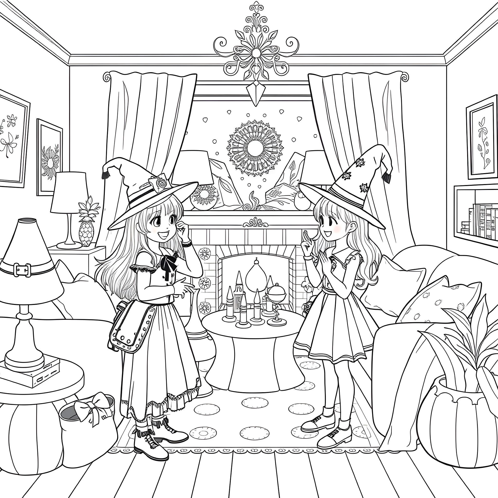 Girls in Enchanting Witch Attire Preparing for Festivities Coloring Page (free black-and-white line drawing printable PDF for all, from beginners to advanced learners, including children, teens, adults, and seniors)