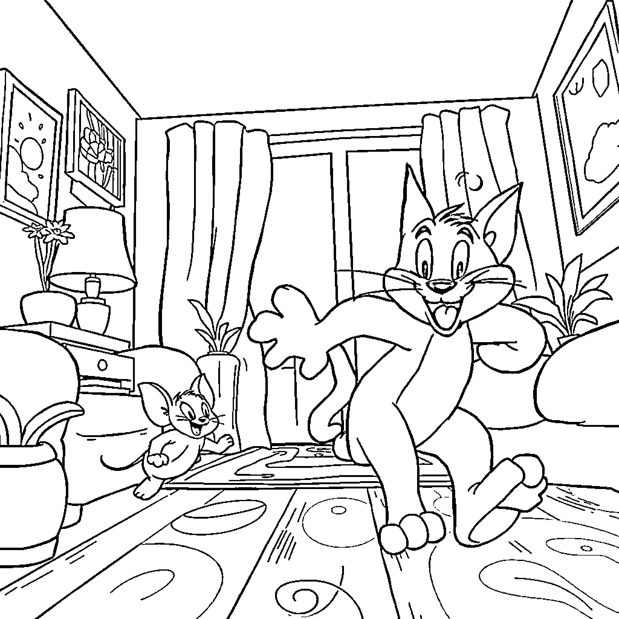 Tom's Lively Indoor Adventure Coloring Page (free black-and-white line drawing printable PDF for all, from beginners to advanced learners, including children, teens, adults, and seniors)