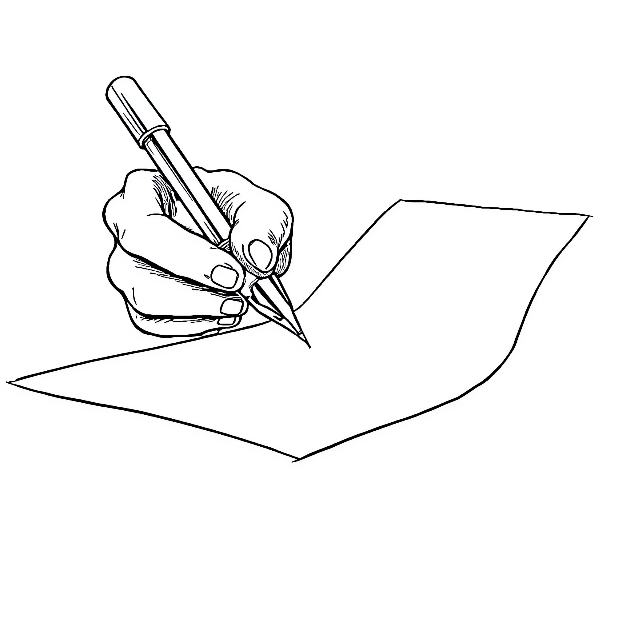 Pen in hand writing on paper Coloring Page (free black-and-white line drawing printable PDF for all, from beginners to advanced learners, including children, teens, adults, and seniors)