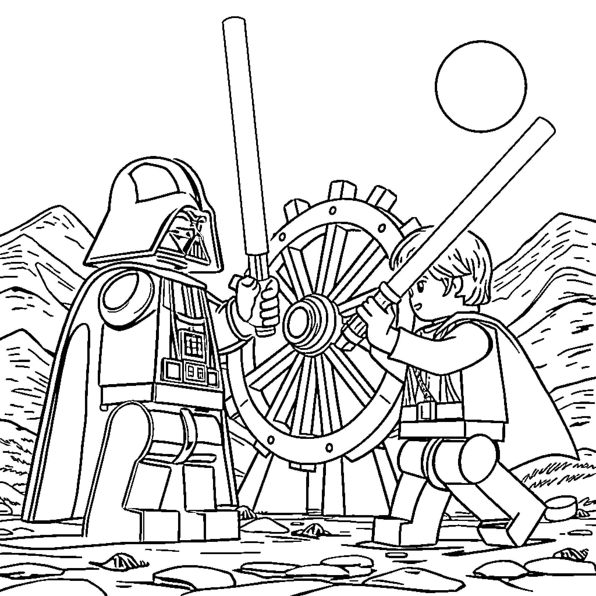 Darth Vader and Luke Skywalker wielding lightsabers in a battle Coloring Page (free black-and-white line drawing printable PDF for all, from beginners to advanced learners, including children, teens, adults, and seniors)