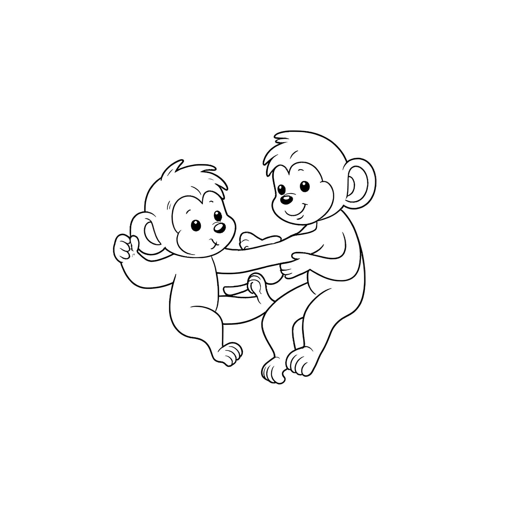 Monkey siblings playing and hugging Coloring Page (free black-and-white line drawing printable PDF for all, from beginners to advanced learners, including children, teens, adults, and seniors)