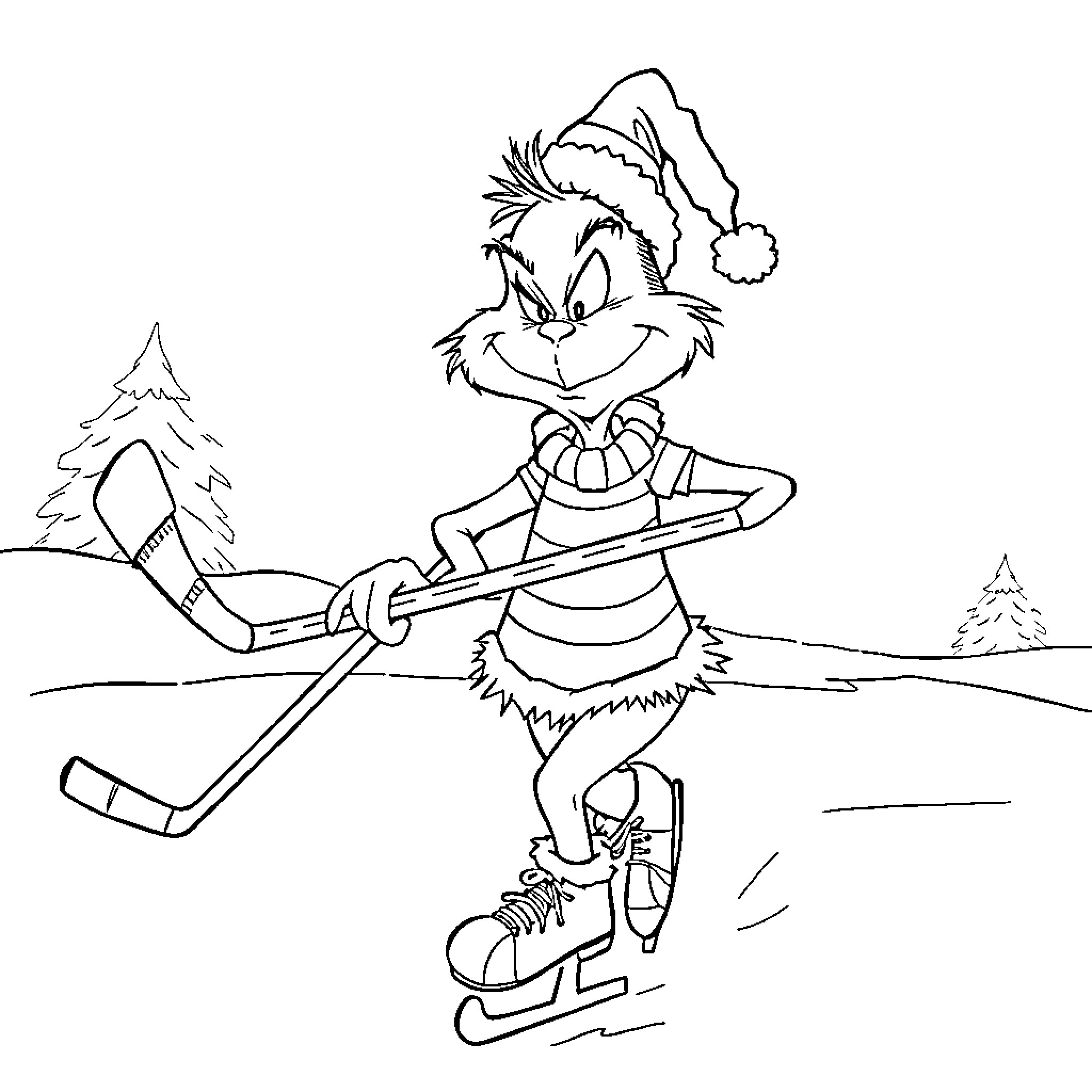 Grinch playing hockey happily on snowy landscape Coloring Page (free black-and-white line drawing printable PDF for all, from beginners to advanced learners, including children, teens, adults, and seniors)