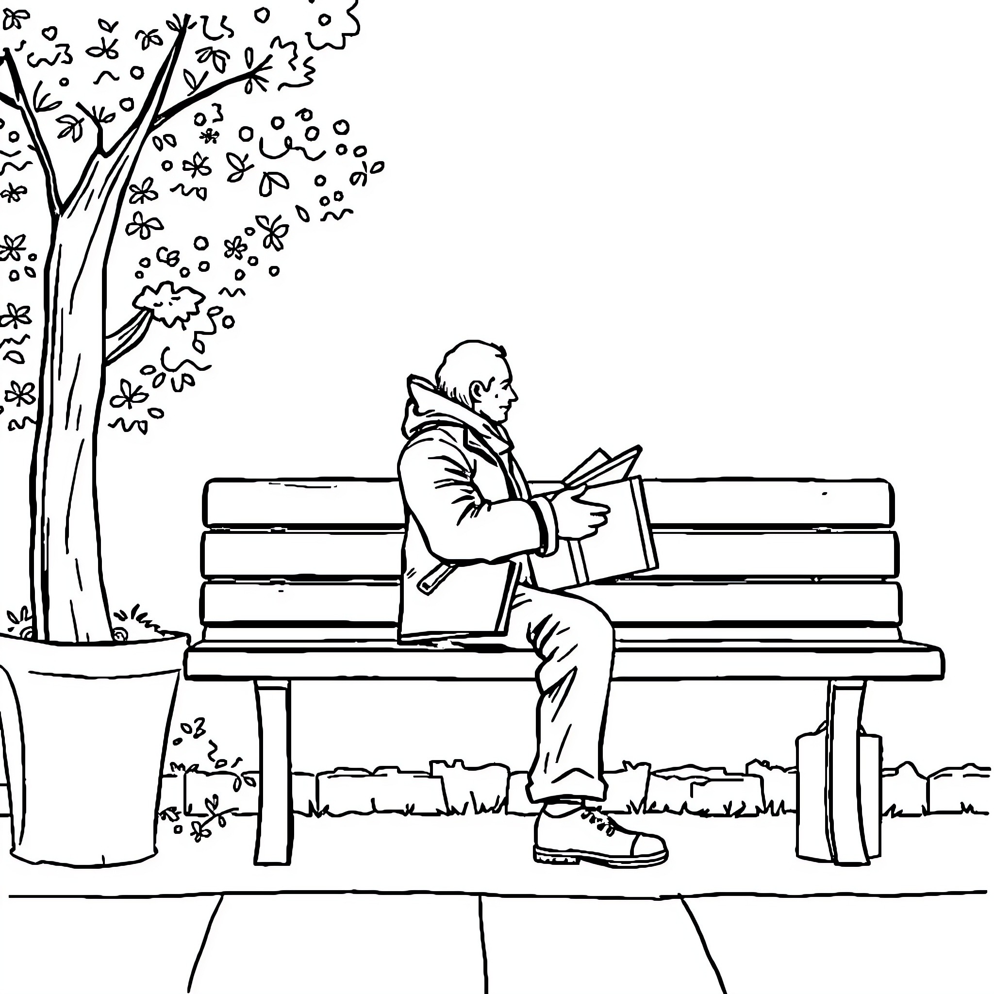 Allocataire relaxing and reading in the park Coloring Page (free black-and-white line drawing printable PDF for all, from beginners to advanced learners, including children, teens, adults, and seniors)