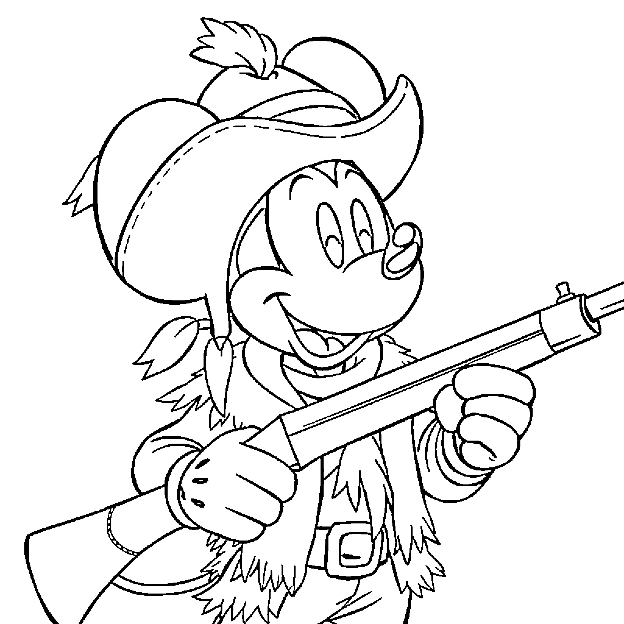 Mickey Mouse as a happy cowboy with a rifle Coloring Page (free black-and-white line drawing printable PDF for all, from beginners to advanced learners, including children, teens, adults, and seniors)