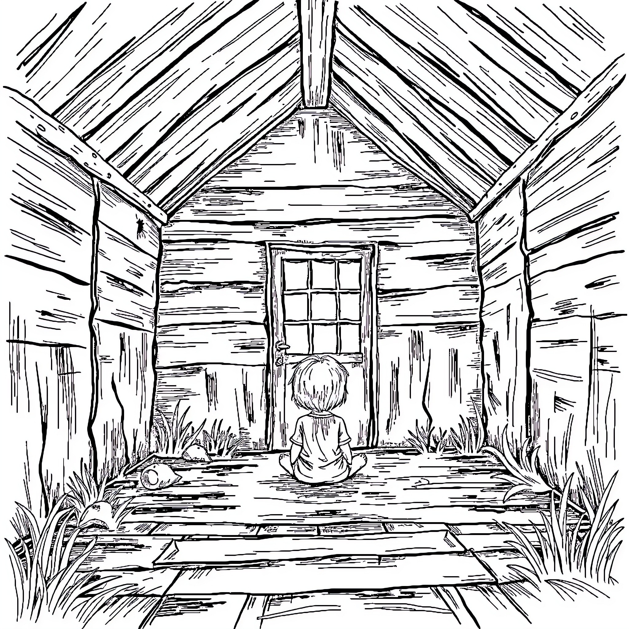 Child sitting alone in an old cabin Coloring Page (free black-and-white line drawing printable PDF for all, from beginners to advanced learners, including children, teens, adults, and seniors)