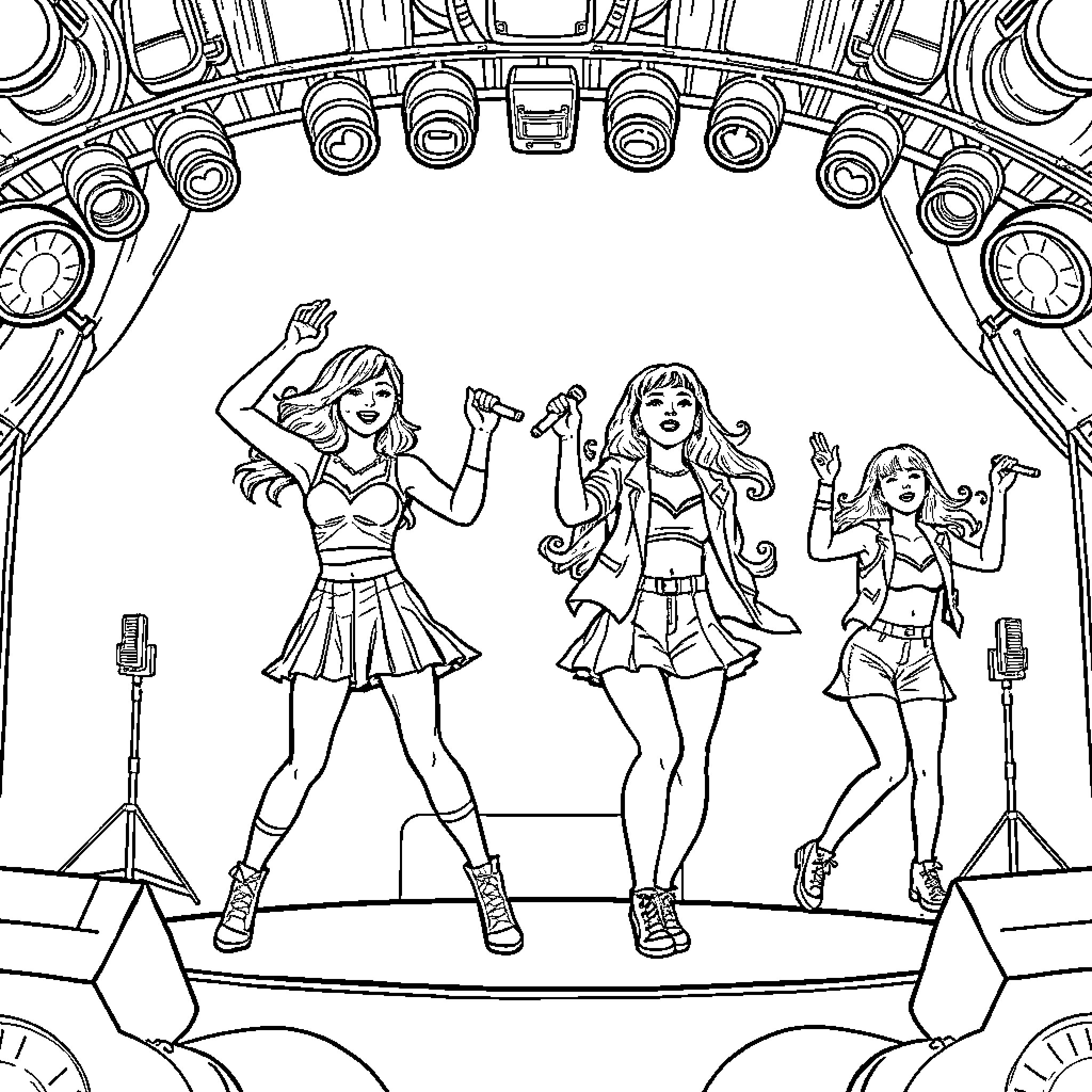 K Pop Warrior Performers Dance on Stage Coloring Page (free black-and-white line drawing printable PDF for all, from beginners to advanced learners, including children, teens, adults, and seniors)