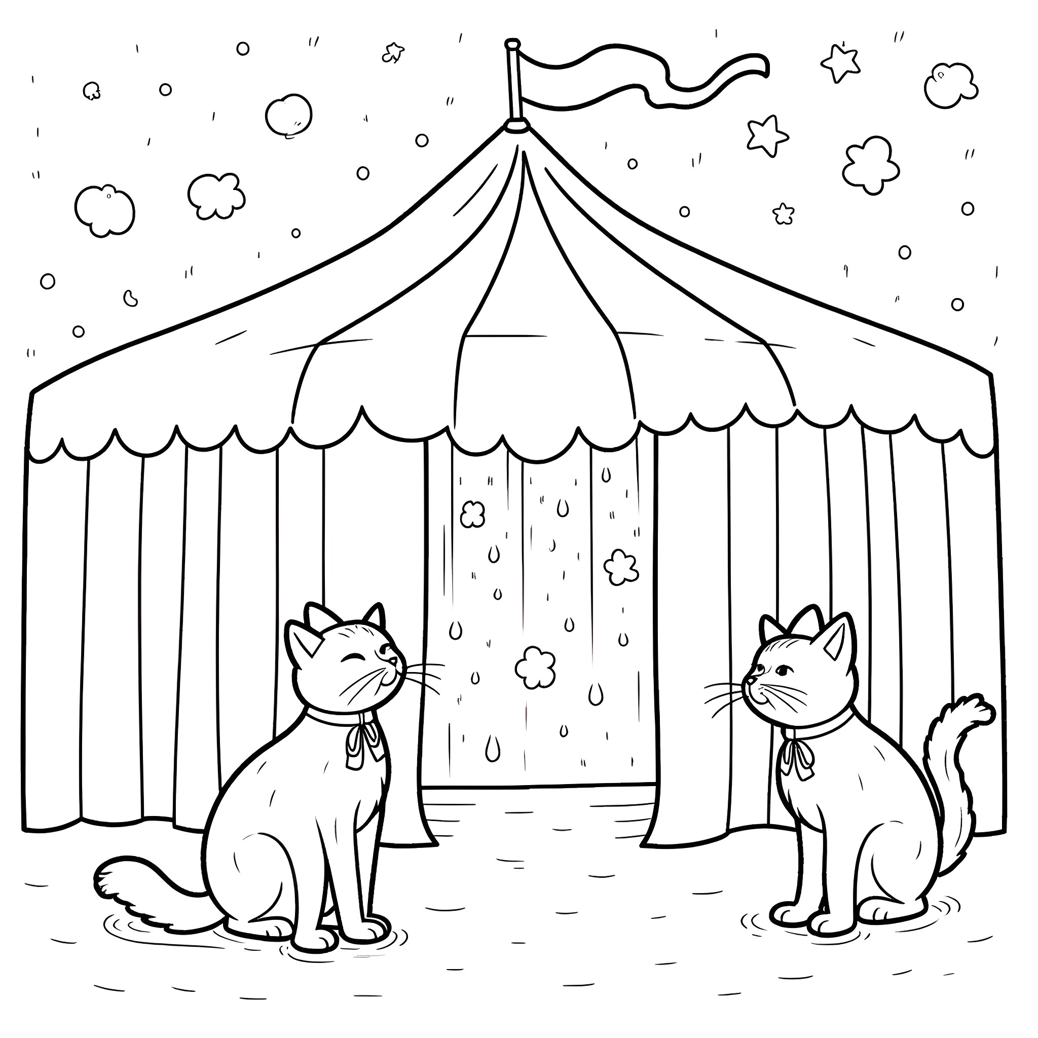Kitty Cats Admiring Circus Tent in the Snow Coloring Page (free black-and-white line drawing printable PDF for all, from beginners to advanced learners, including children, teens, adults, and seniors)