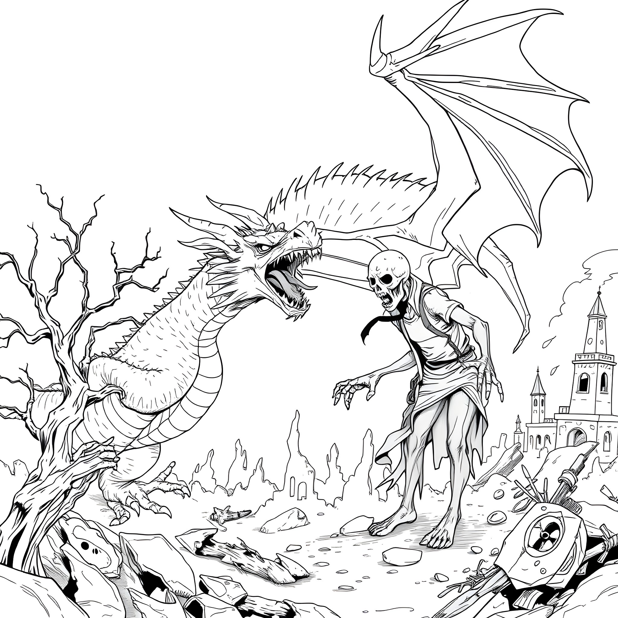 Dragon Unleashes Fury Amid Ruins and Undead Coloring Page (free black-and-white line drawing printable PDF for all, from beginners to advanced learners, including children, teens, adults, and seniors)